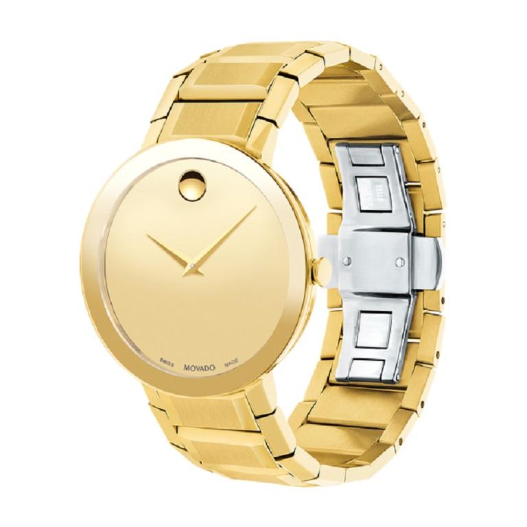 Movado Sapphire 39mm Gold Museum Dial Stainless Steel Men's Watch 607180

Movado Sapphire, 39 mm yellow gold PVD-finished stainless steel bezel-free case with flat edge-to-edge dark metalized sapphire crystal, gold-toned Museum dial and yellow gold