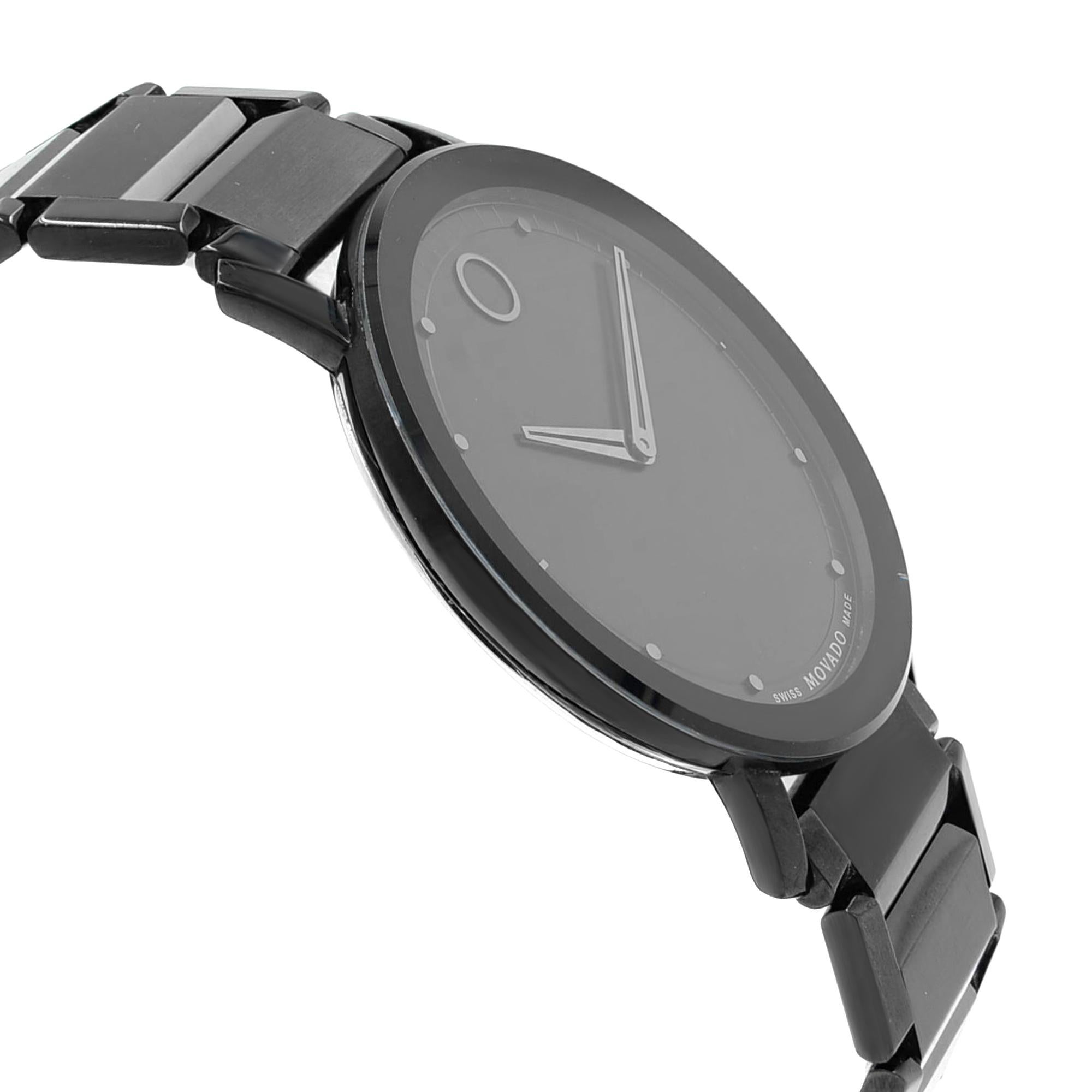 Movado Sapphire Black Dial Analog PVD Thin Steel Quartz Men's Watch 0606882 In Good Condition In New York, NY