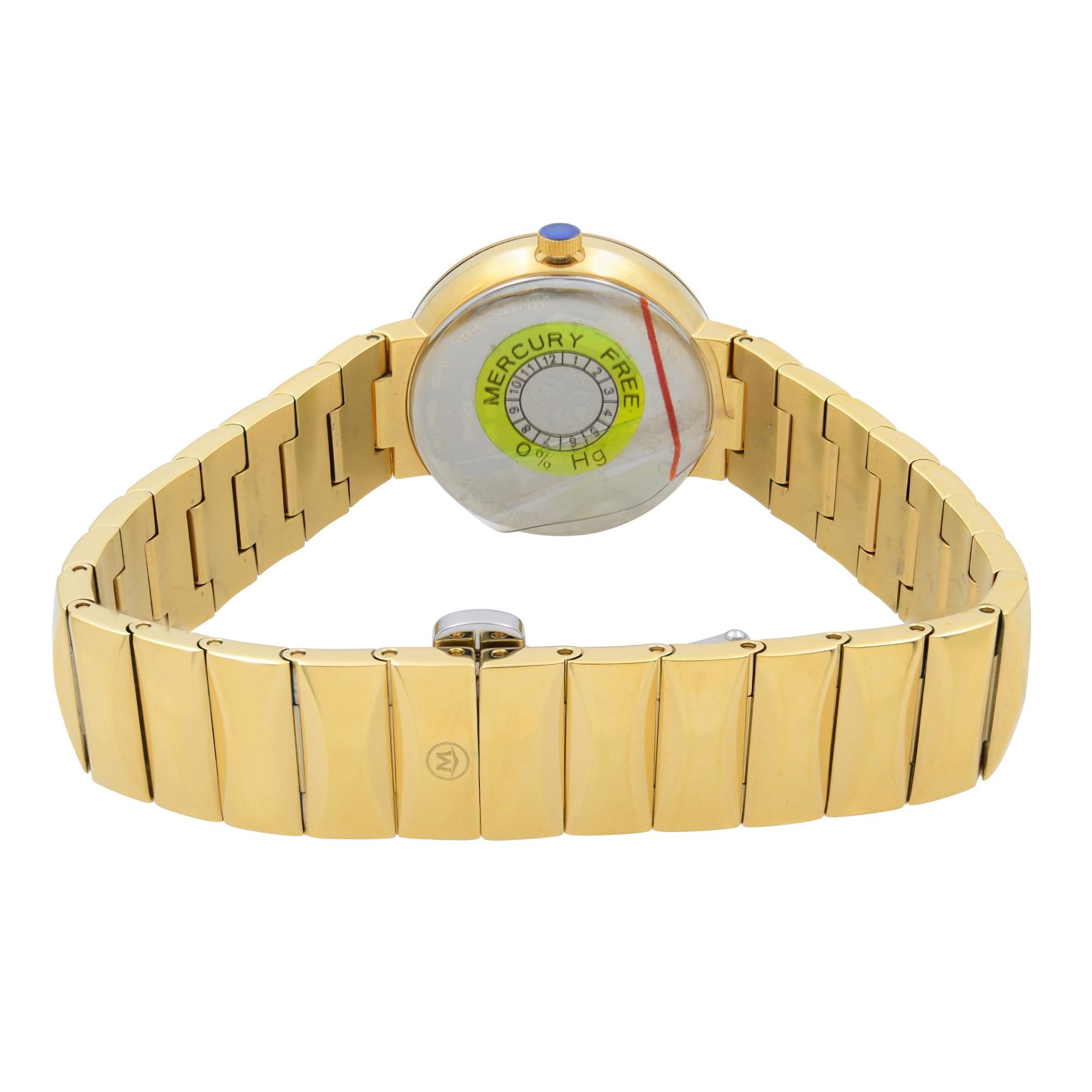 Movado Sapphire Museum Gold MOP Dial Steel Quartz Ladies Watch 0607049 In Excellent Condition For Sale In New York, NY
