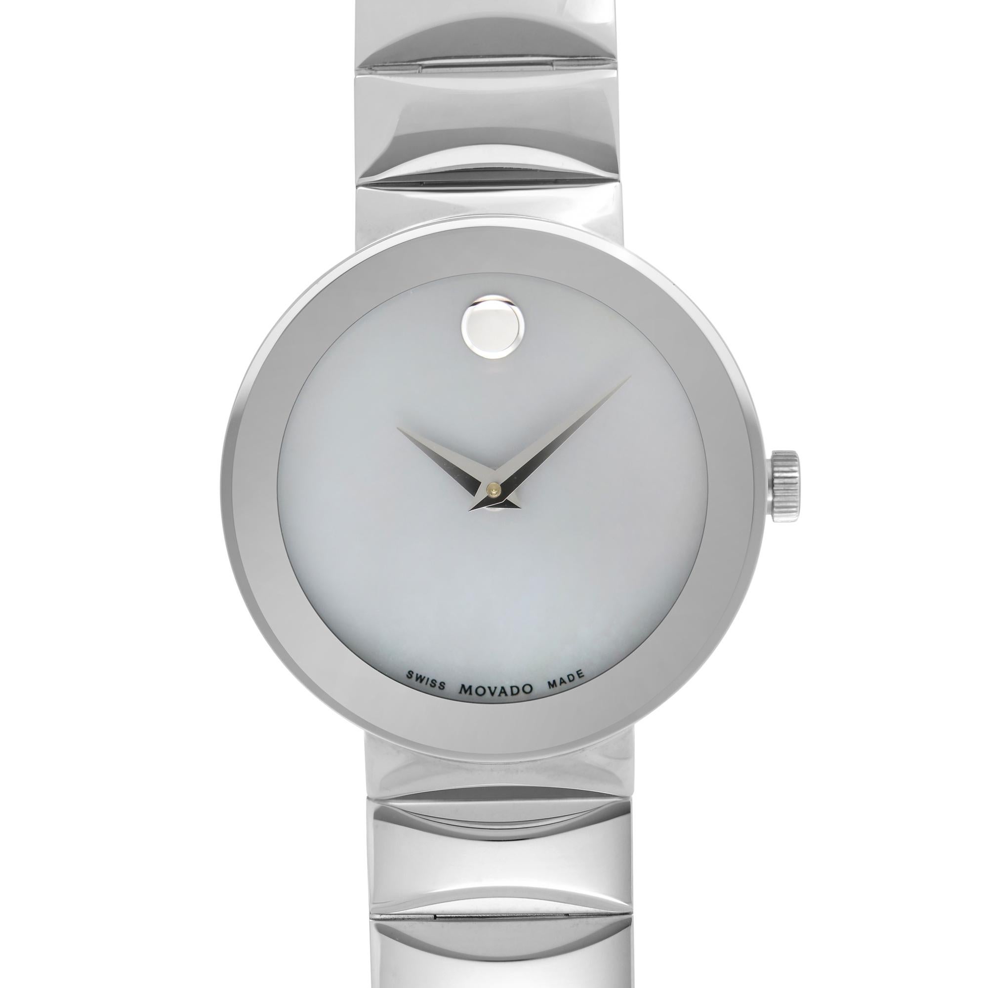 Display Model Movado Sapphire Grey Mother of Pearl Dial Ladies Watch 0607048. This Beautiful Timepiece  Stainless Steel Case and Bracelet, Fixed Stainless Steel Bezel, Mother Of Pearl Dial with Silver-Tone Hands, And No Hour Markers. Comes with