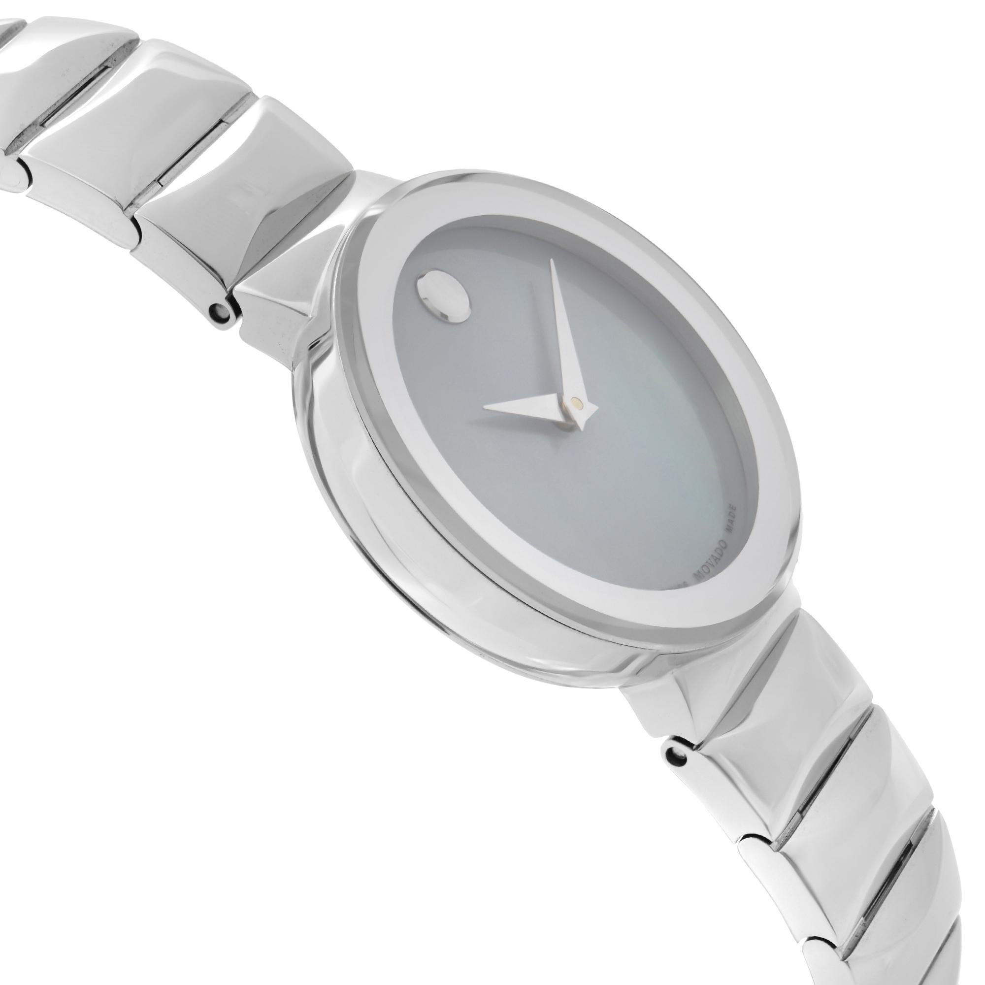 Donna Movado Sapphire Museum Acciaio Grigio Quadrante MOP Orologio al quarzo da donna 0607048 in vendita