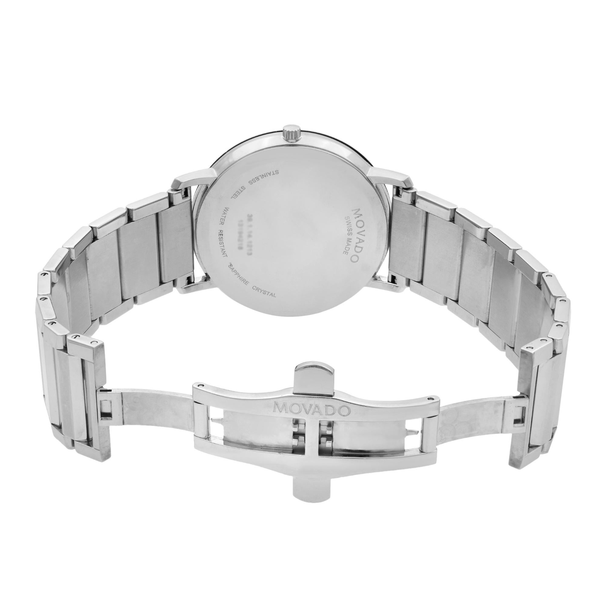 Modern Movado Sapphire Stainless Steel Silver Dial Ultra Thin Quartz Mens Watch 0606881