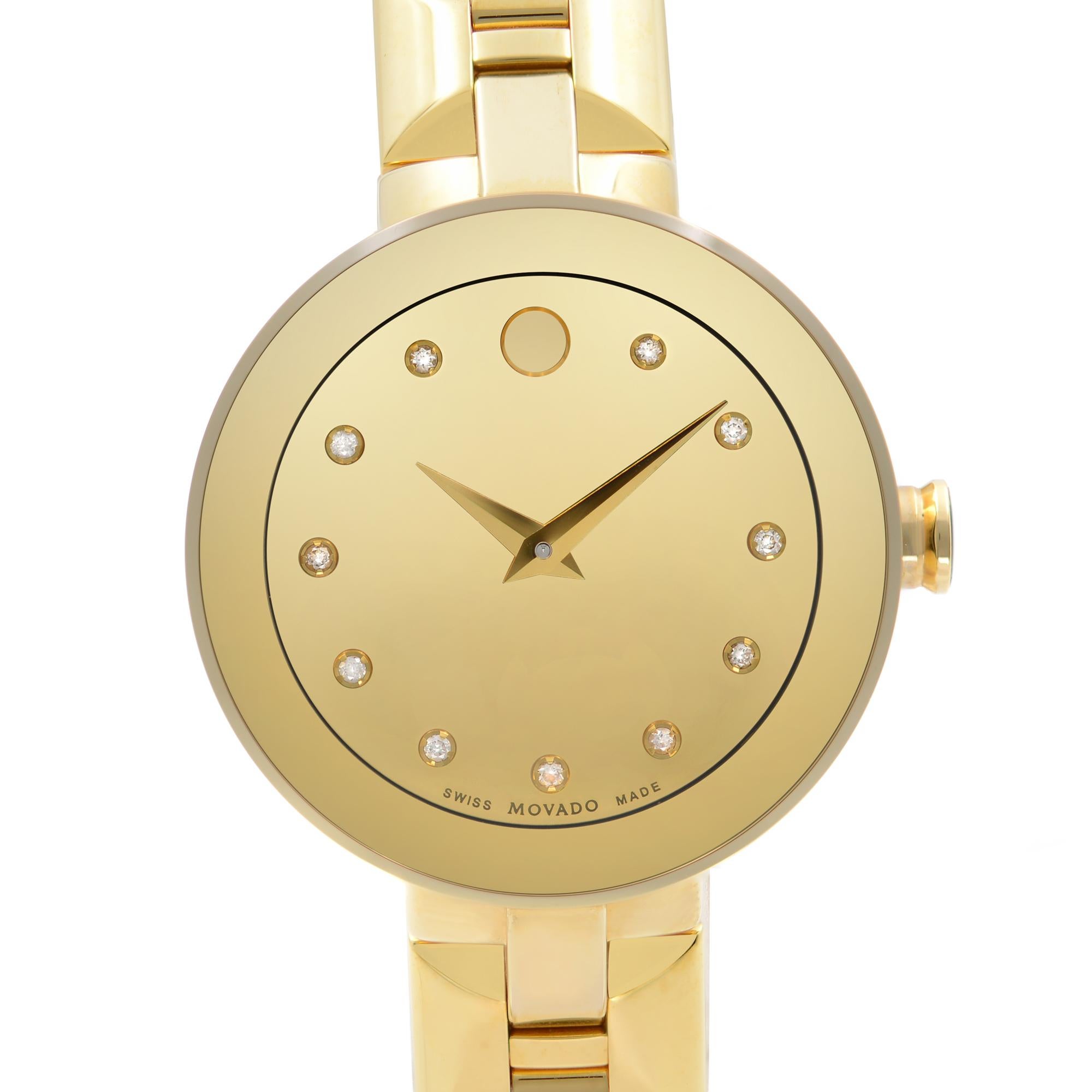 Display Model Movado Sapphire Steel Gold PVD Champagne Dial Quartz Ladies Watch 0606816. Timepiece Might Have Minor Blemishes on the Bracelet or Case Due To Store Handling. This Beautiful Timepiece Features: Gold PVD Stainless Steel Case and