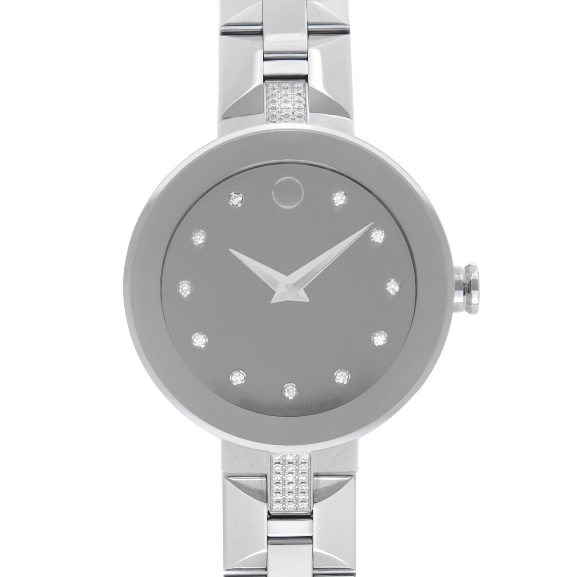 Display Model Movado Sapphire Steel Silver Mirror Diamond Dial Quartz Ladies Watch 0606815. The Watch Might have Minor Blemishes Due To Store Handling. This Beautiful Timepiece Features: Silver-Tone Stainless Steel Case with a Silver-Tone Stainless