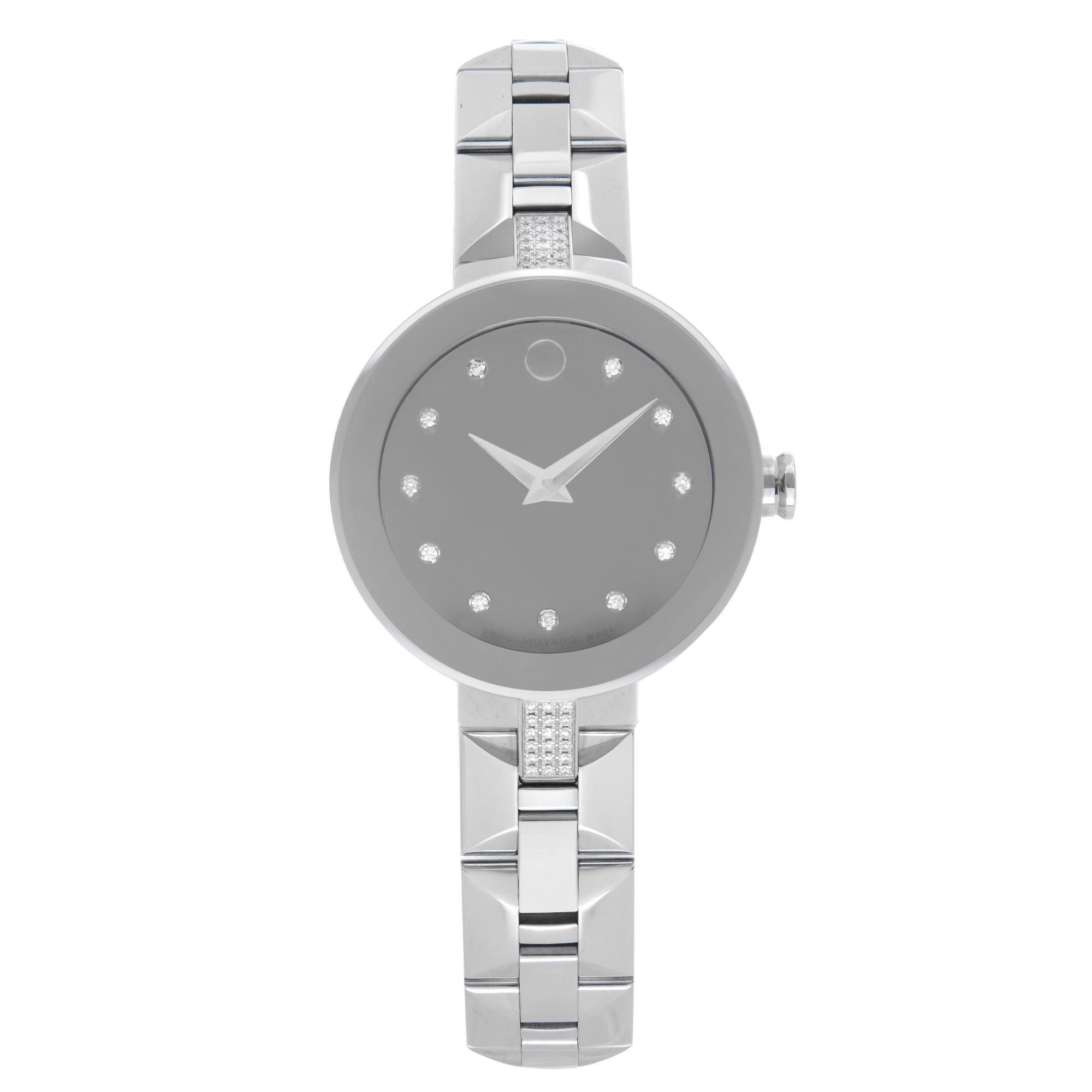 Movado Sapphire Steel Silber Spiegel Diamond Dial Quarz Damenuhr 0606815