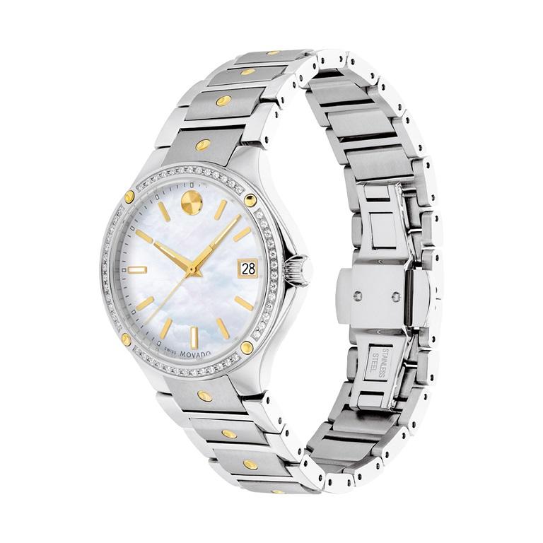 Movado SE 32mm Mother of Pearl Dial Two Tone Stainless Steel Ladies Watch 607517

Movado SE, 32mm dual finished stainless steel case and bracelet with yellow gold PVD-finished concave polished dot accents, white mother-of-pearl dial and diamond set