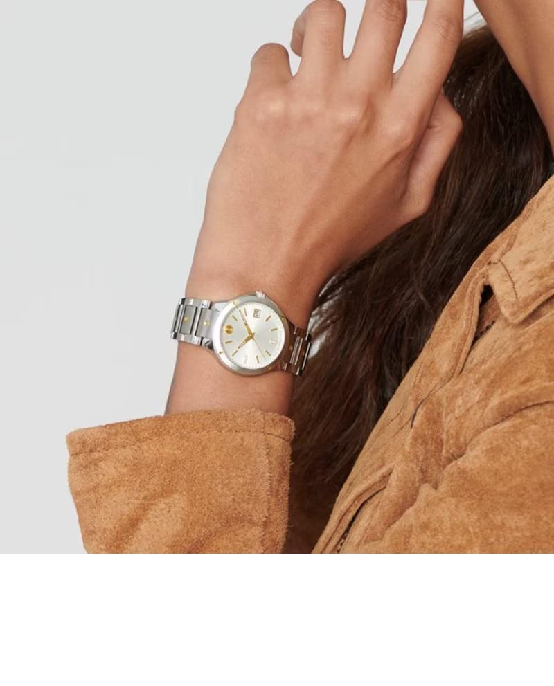 Women's or Men's Movado SE 32mm Two Tone Silver Dial Stainless Steel Yellow PVD Watch 607516