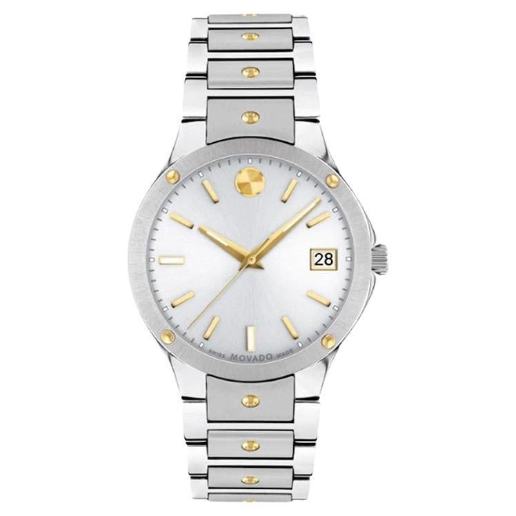 Movado SE 32mm Two Tone Silver Dial Stainless Steel Yellow PVD Watch 607516 For Sale