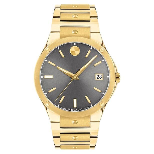 Movado SE 41mm Grey Dial Yellow Gold PVD-finished Stainless Steel Watch 607707 For Sale