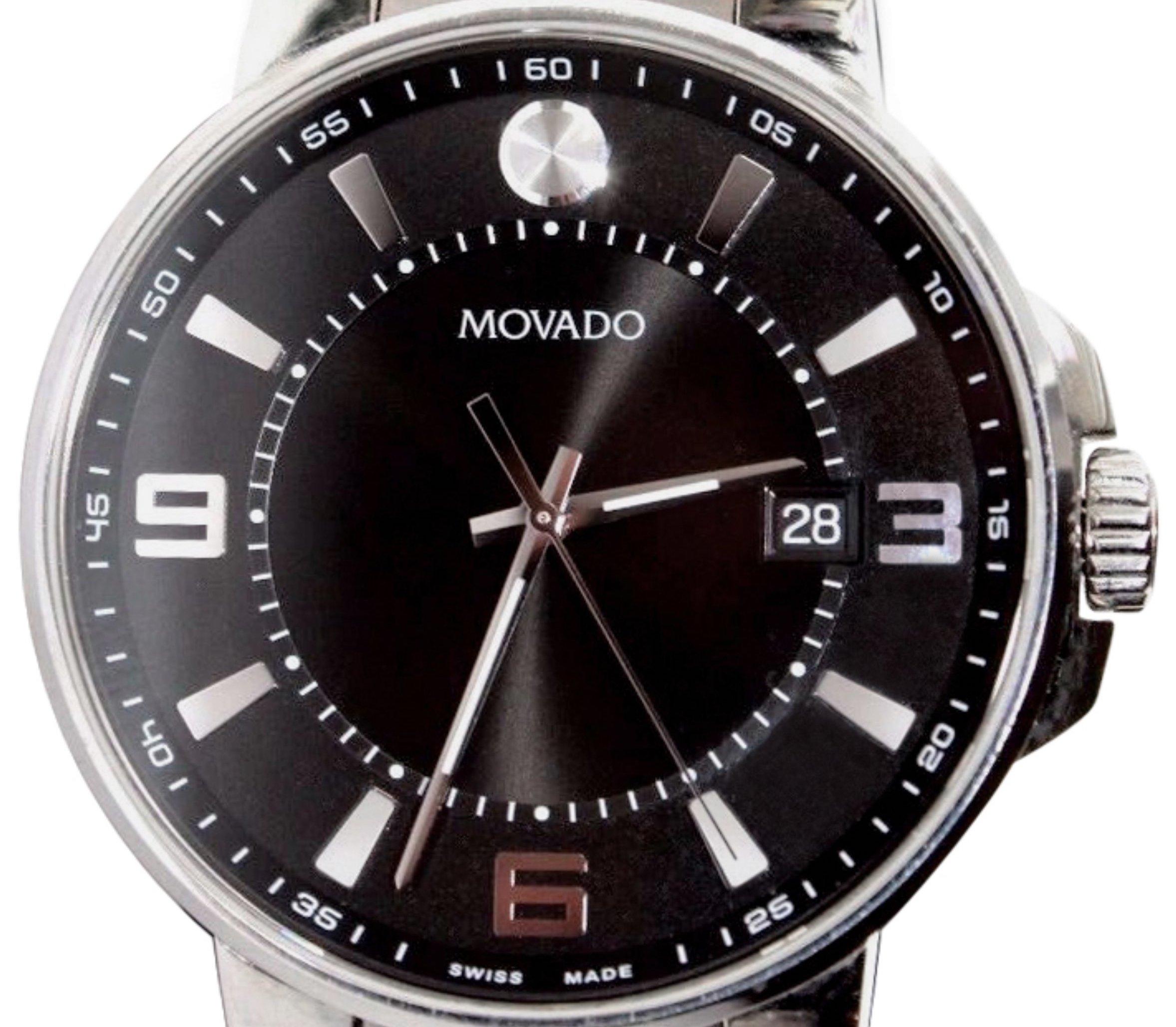 This simple and elegant Movado SE Pilot men’s watch is powered by a Swiss Quartz movement encased in a stainless-steel body. The clasp of the watch utilizes a dual pushbutton deployment clasp for secure opening and closing. The round watch face is