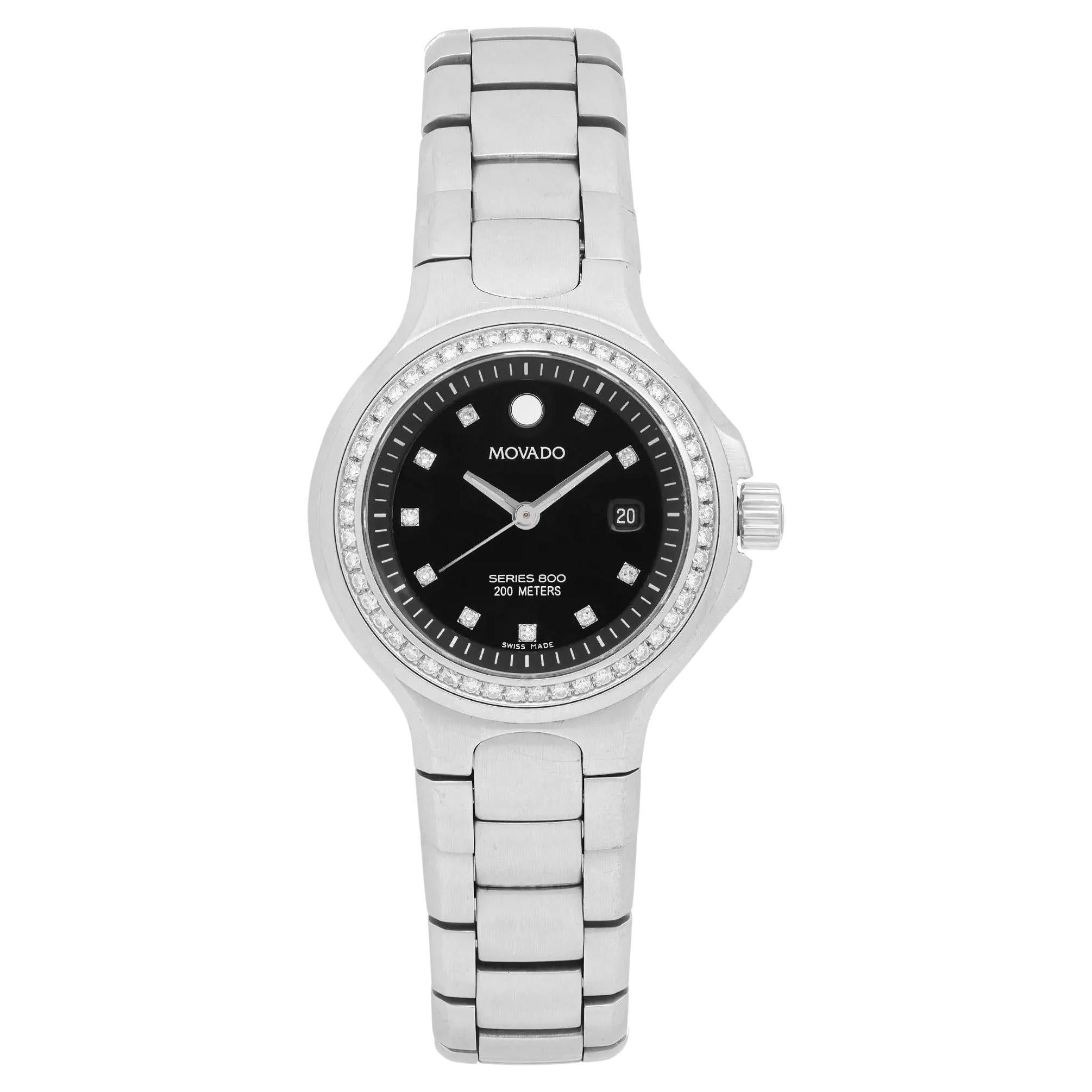 Movado Series 800 Steel Diamond Black Dial Quartz Ladies Watch 2600054 For Sale
