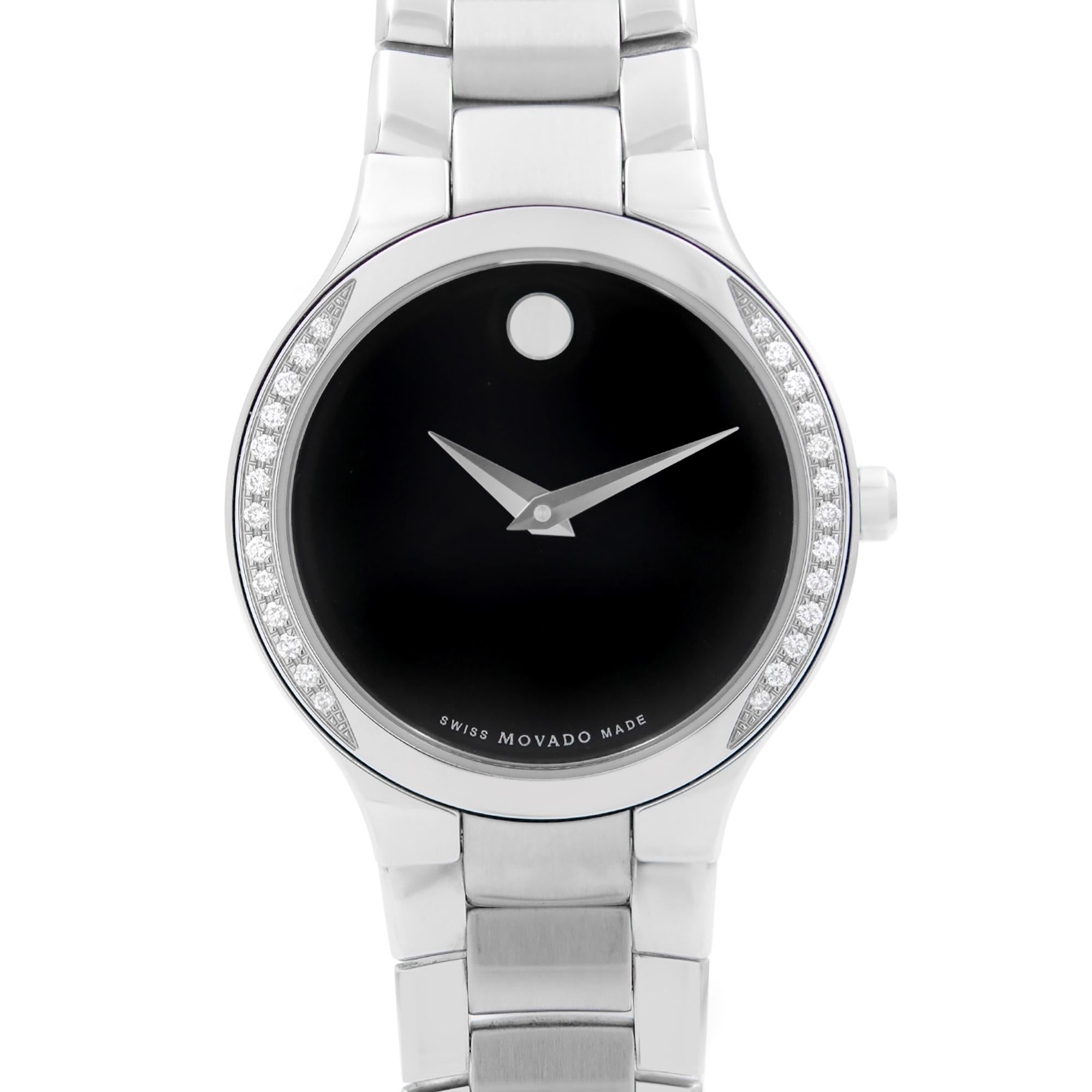 Unworn Movado Movado Serio 26mm Steel Diamond Bezel Black Dial Quartz Ladies Watch 0606385. This Beautiful Timepiece is Powered by Quartz (Battery) Movement and Features: Stainless Steel Case and Bracelet, Fixed Stainless Steel Bezel Set with