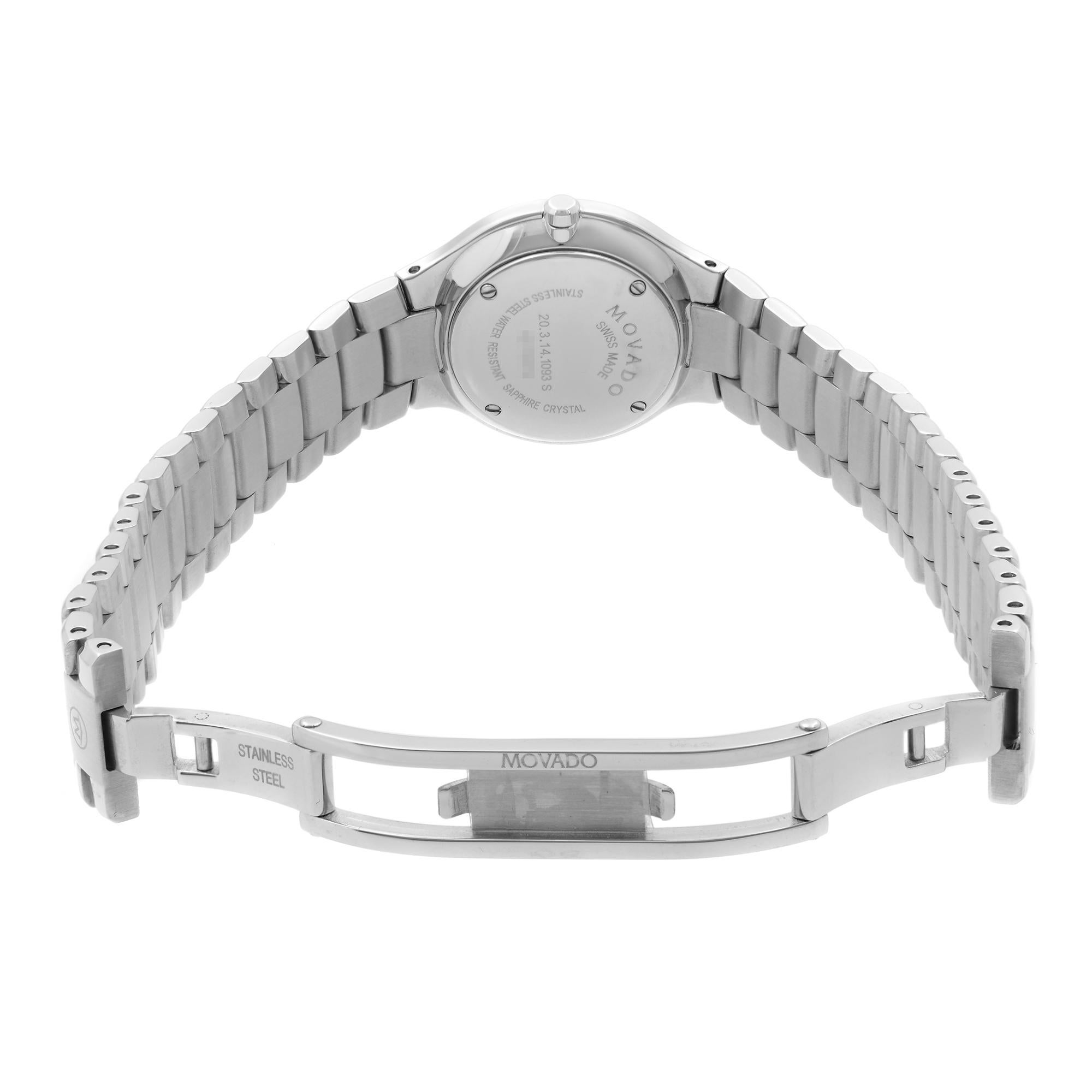 Movado Serio Steel Diamond Bezel Black Dial Quartz Ladies Watch 0606385 In New Condition For Sale In New York, NY