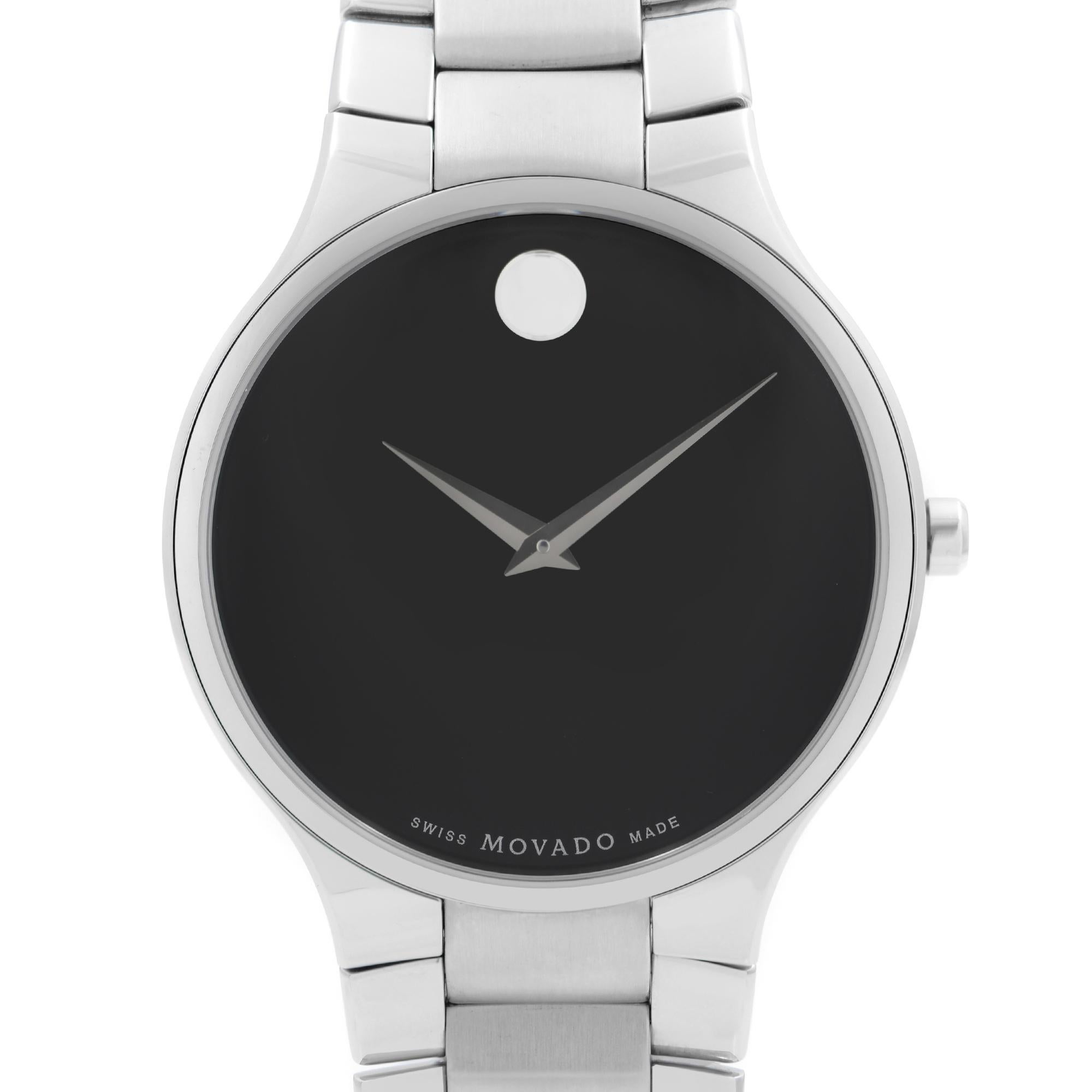 Display Model Movado Serio Black Dial Stainless Steel Men's Watch 0606382. This Beautiful Timepiece Stainless Steel Case with a Stainless Steel bracelet. Fixed Stainless Steel Bezel. Black Dial with Silver-Tone Hands. No markers. Movado Dot Appears