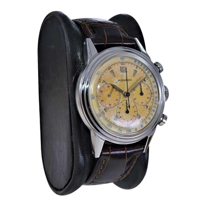Movado, chronographe Art déco en acier inoxydable de haute qualité avec cadran d'origine, années 1940 Excellent état - En vente à Long Beach, CA