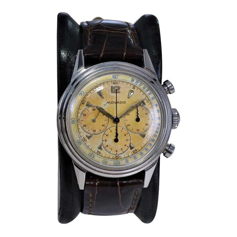 Movado, chronographe Art déco en acier inoxydable de haute qualité avec cadran d'origine, années 1940 Unisexe en vente