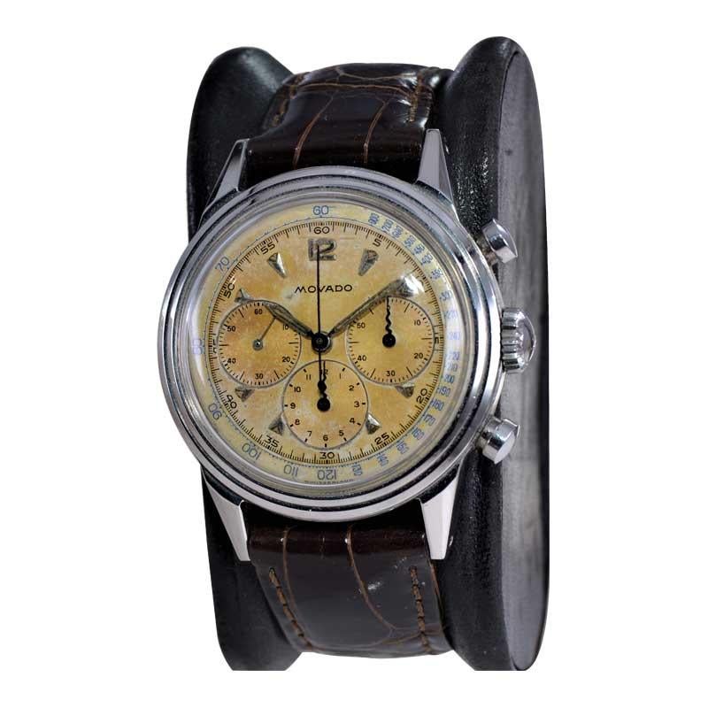 Movado, chronographe Art déco en acier inoxydable de haute qualité avec cadran d'origine, années 1940 en vente 1