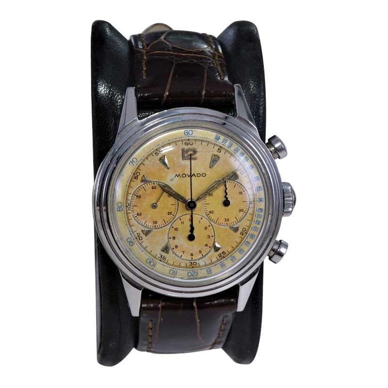 Movado, chronographe Art déco en acier inoxydable de haute qualité avec cadran d'origine, années 1940 en vente 2