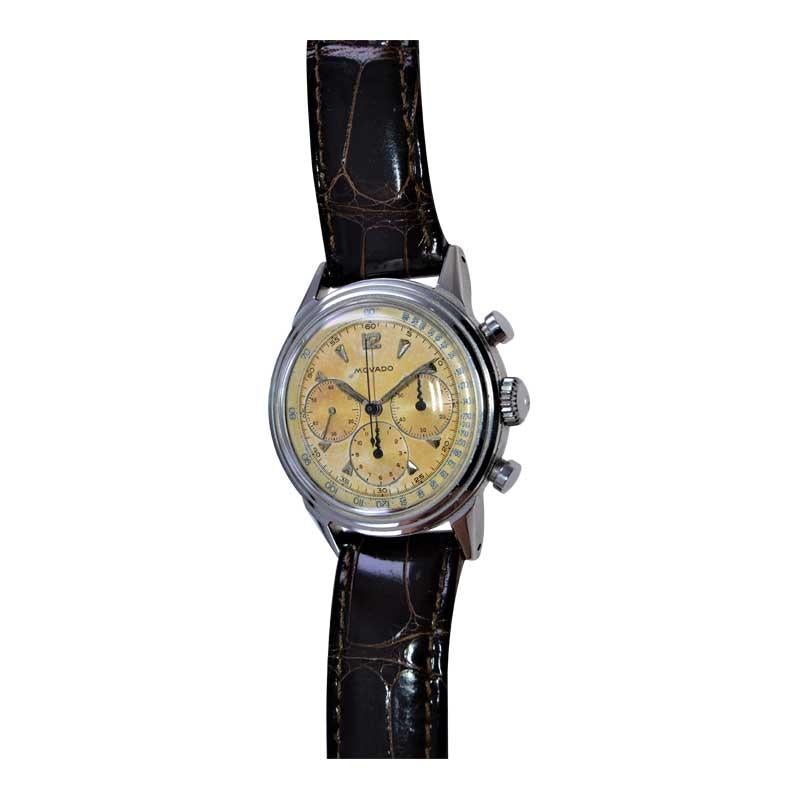 Movado, chronographe Art déco en acier inoxydable de haute qualité avec cadran d'origine, années 1940 en vente 3