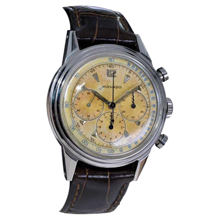 Cronografo Movado in acciaio inossidabile Art Deco di alto livello con quadrante originale degli anni '40