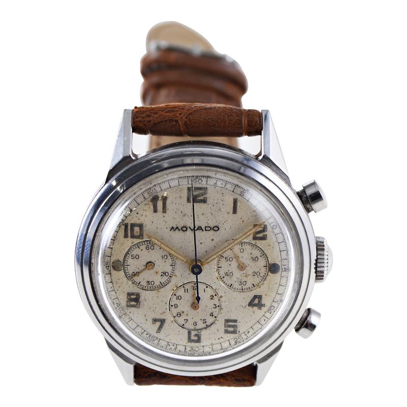 Movado Stainless Steel Chronograph with Original Dial, circa 1940's In Excellent Condition For Sale In Long Beach, CA
