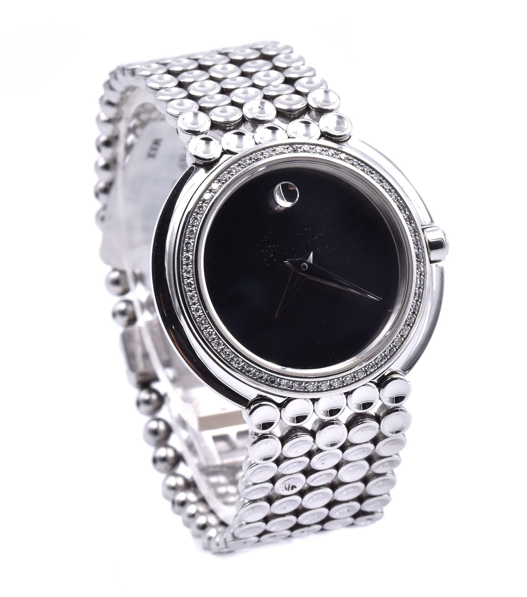 Movement: quartz
Function: hours, minutes
Case: 32mm wide case, sapphire crystal, diamond bezel
Dial: stainless dial
Bracelet: stainless steel Movado dot bracelet
Reference: 84 G4 1830
Serial: 7142XXX

No Box or Paperwork is included.
Guaranteed to