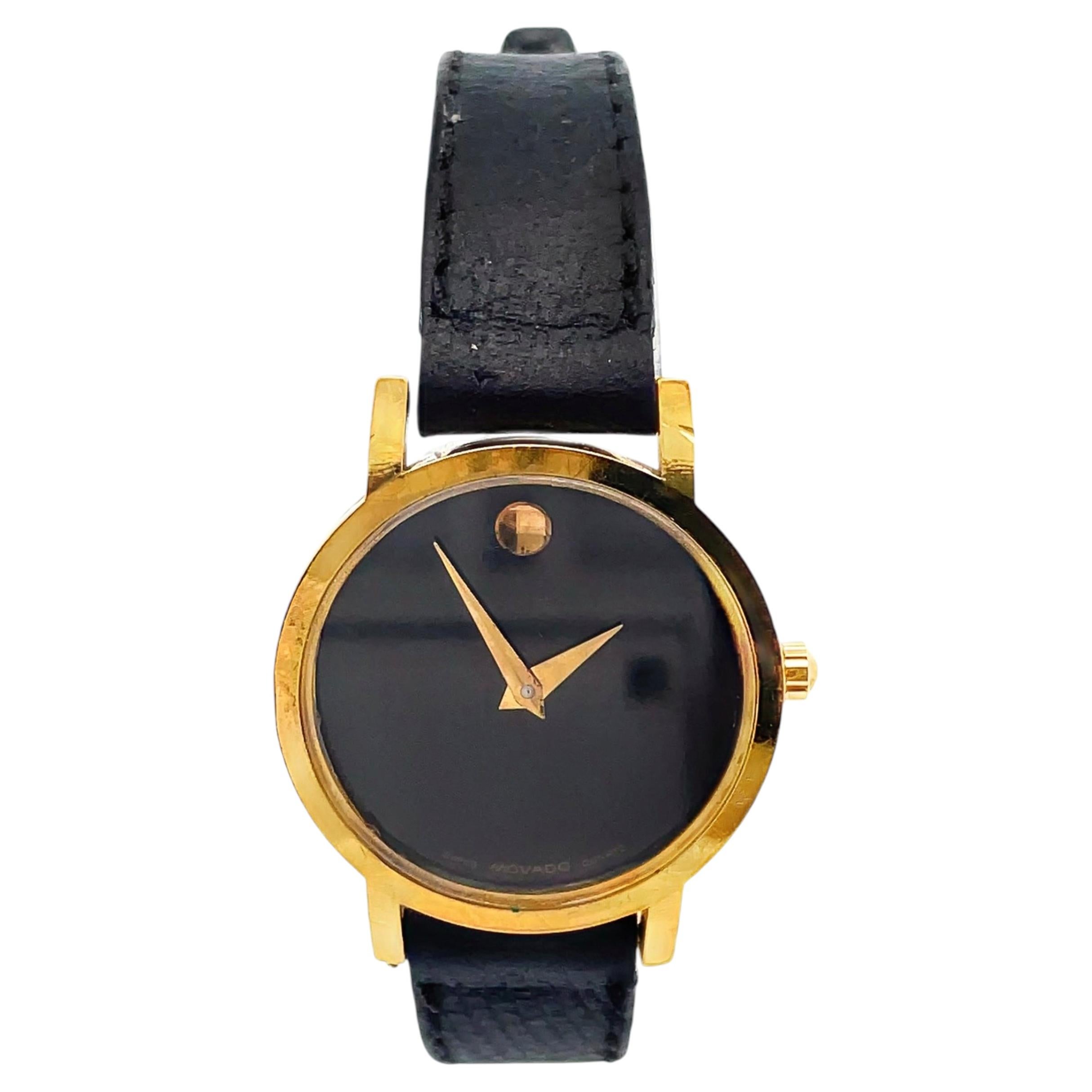 Reloj Movado de acero inoxidable, 20 mm, esfera negra, correa de cuero negra, mecanismo de cuarzo en venta