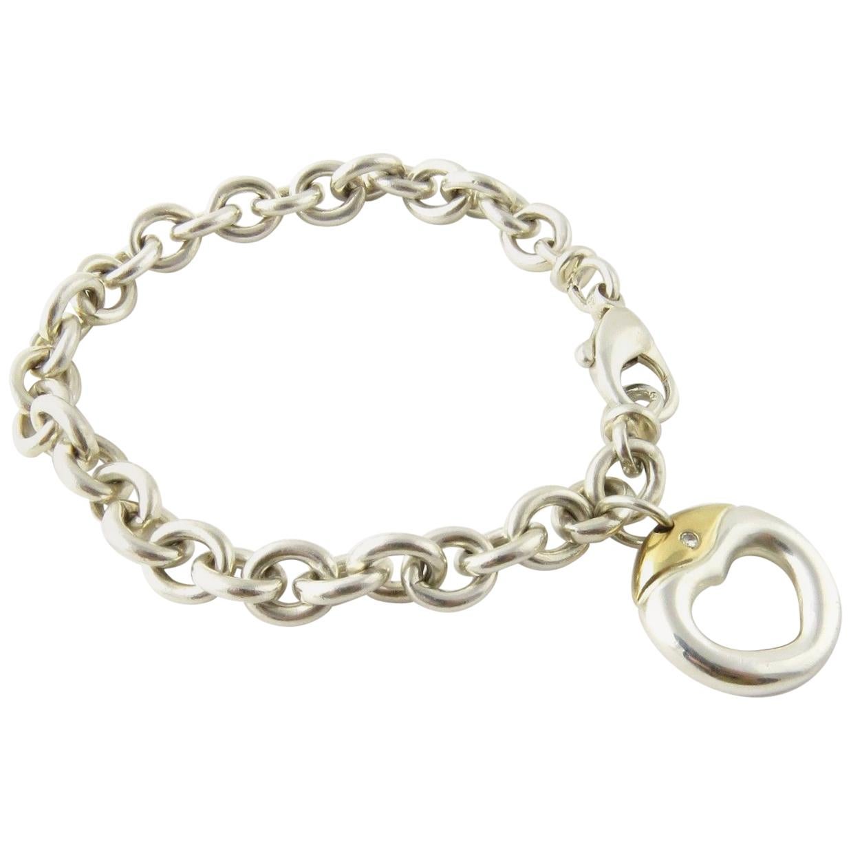 Movado Sterling Silver 18 Karat Yellow Gold Diamond Heart Charm Link Bracelet