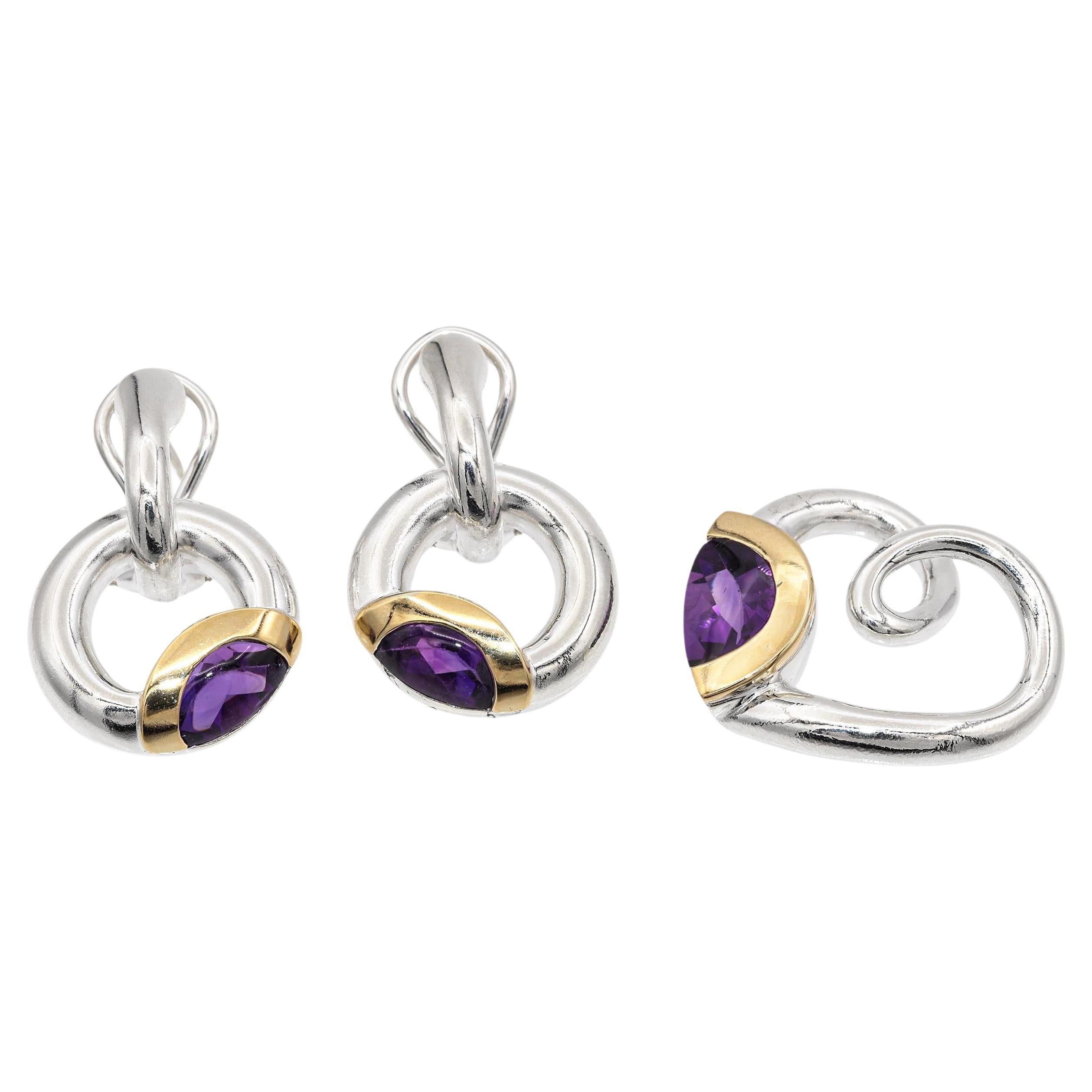 Pendentif et boucles d'oreilles en améthyste Movado en argent sterling et or jaune 18 carats en vente