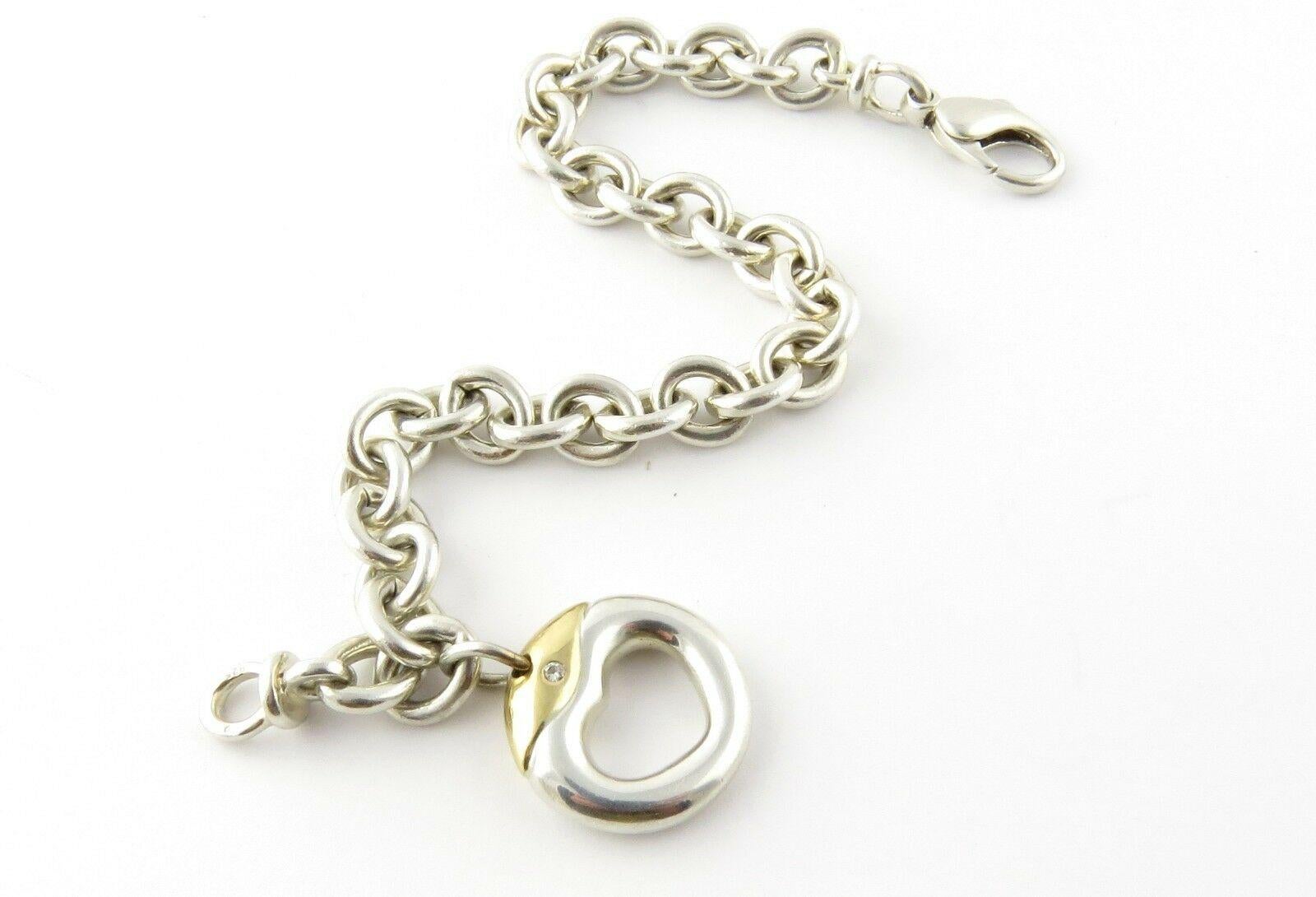 Movado Sterling Silver 18 Karat Yellow Gold Diamond Heart Charm Link Bracelet In Good Condition In Washington Depot, CT