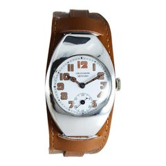 Movado Sterling Silver Campaign Style Tonneau Shape Manual Winding, circa 1915