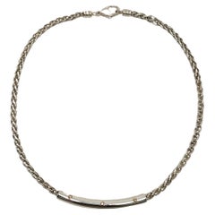 Movado Sterling Silver Gold Plated Diamond Curved Bar Wheat Chain Necklace