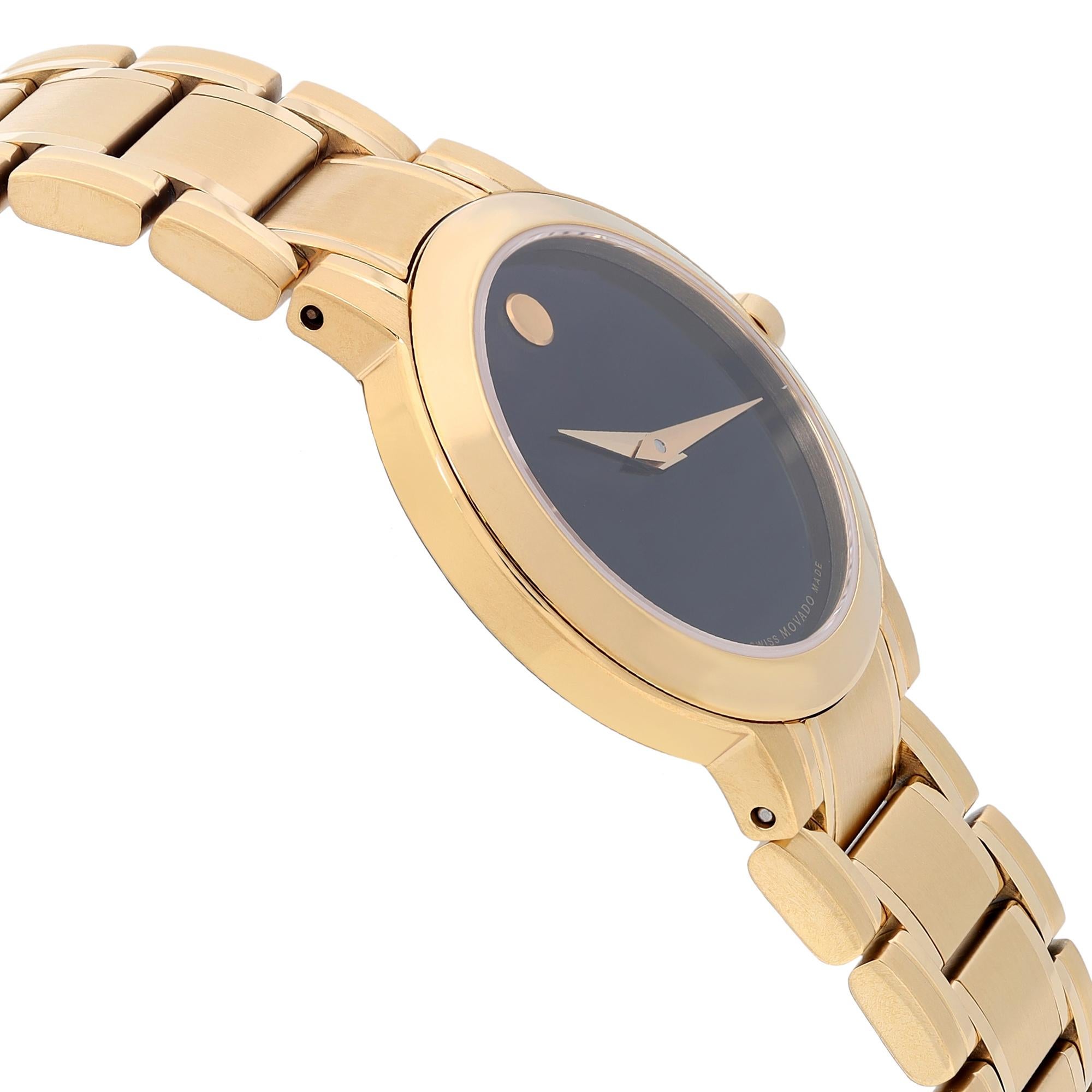 Movado Stiri 28mm Gold Tone Steel Black Dial Quartz Ladies Watch 0606942 In Excellent Condition In New York, NY