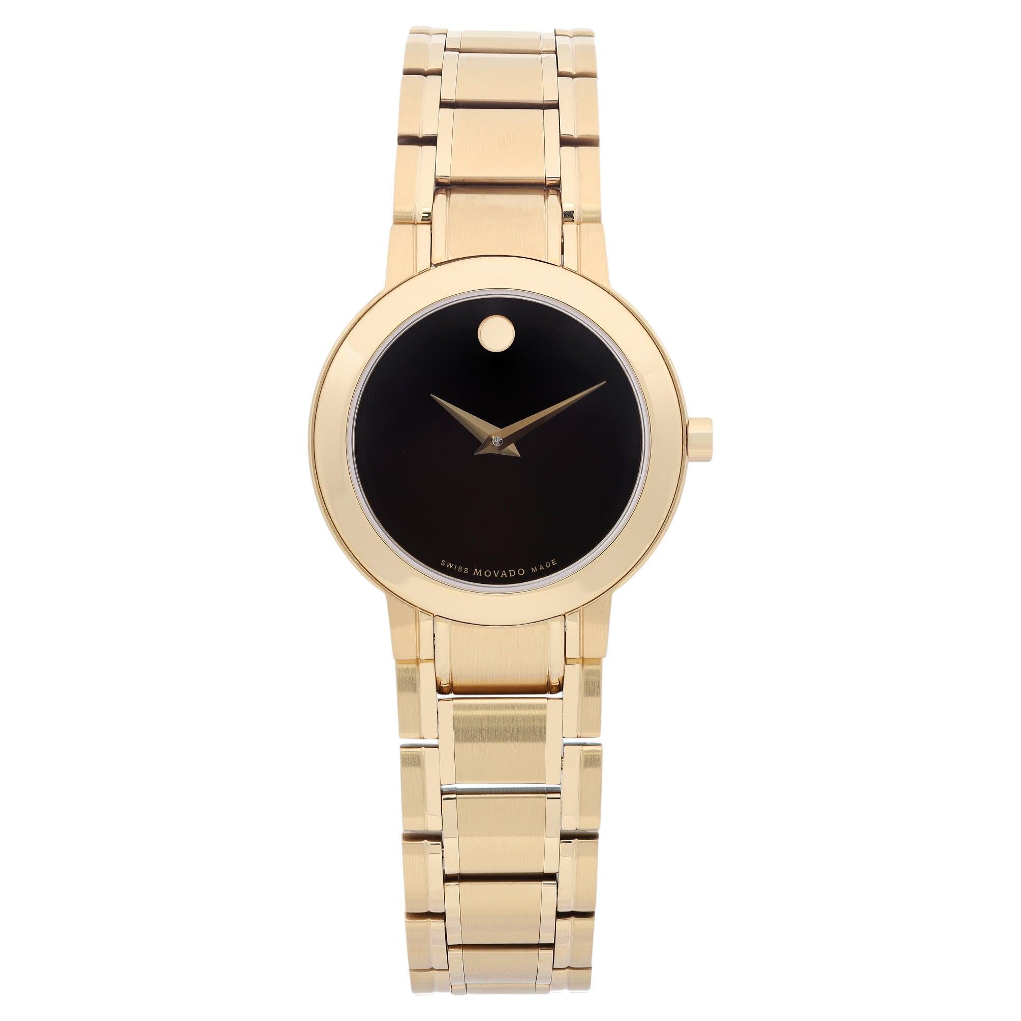 Movado Stiri 28mm Gold Tone Steel Black Dial Quartz Ladies Watch 0606942