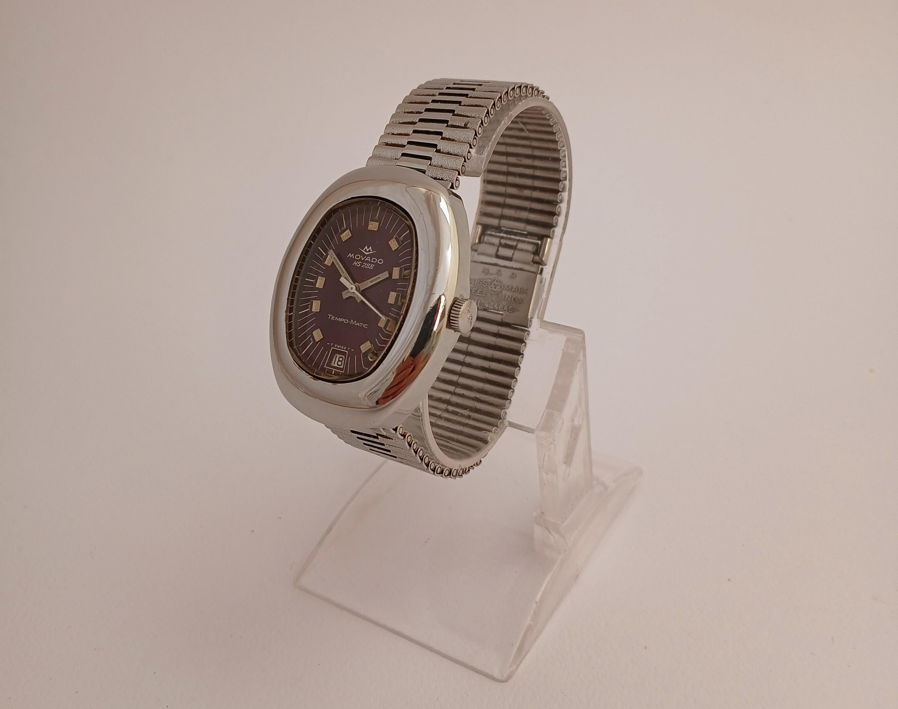 Movado Sub Sea Tempo-matic hs 288 Burgundy Dial Stahl Datum Vintage Herrenuhr im Angebot 8