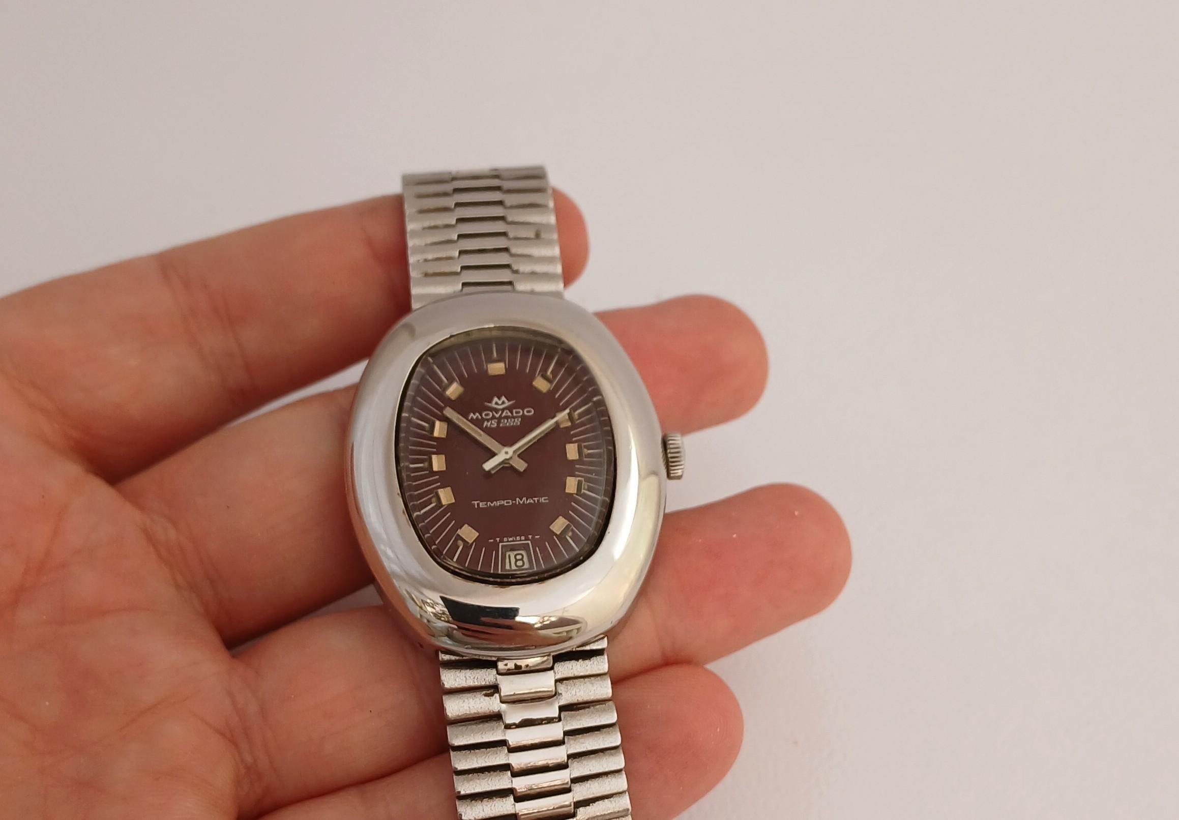 Movado Sub Sea Tempo-matic hs 288 Burgundy Dial Stahl Datum Vintage Herrenuhr im Angebot 13