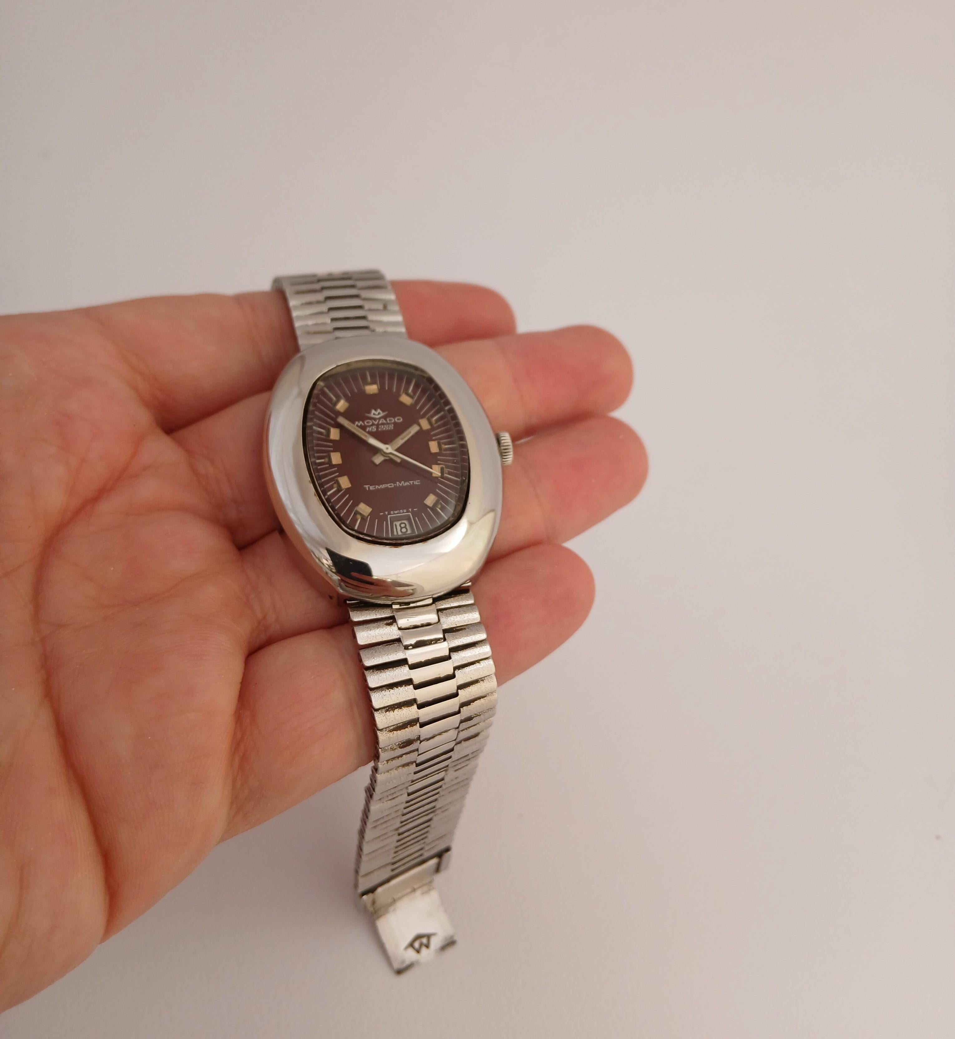 Movado Sub Sea Tempo-matic hs 288 Burgundy Dial Stahl Datum Vintage Herrenuhr im Angebot 14