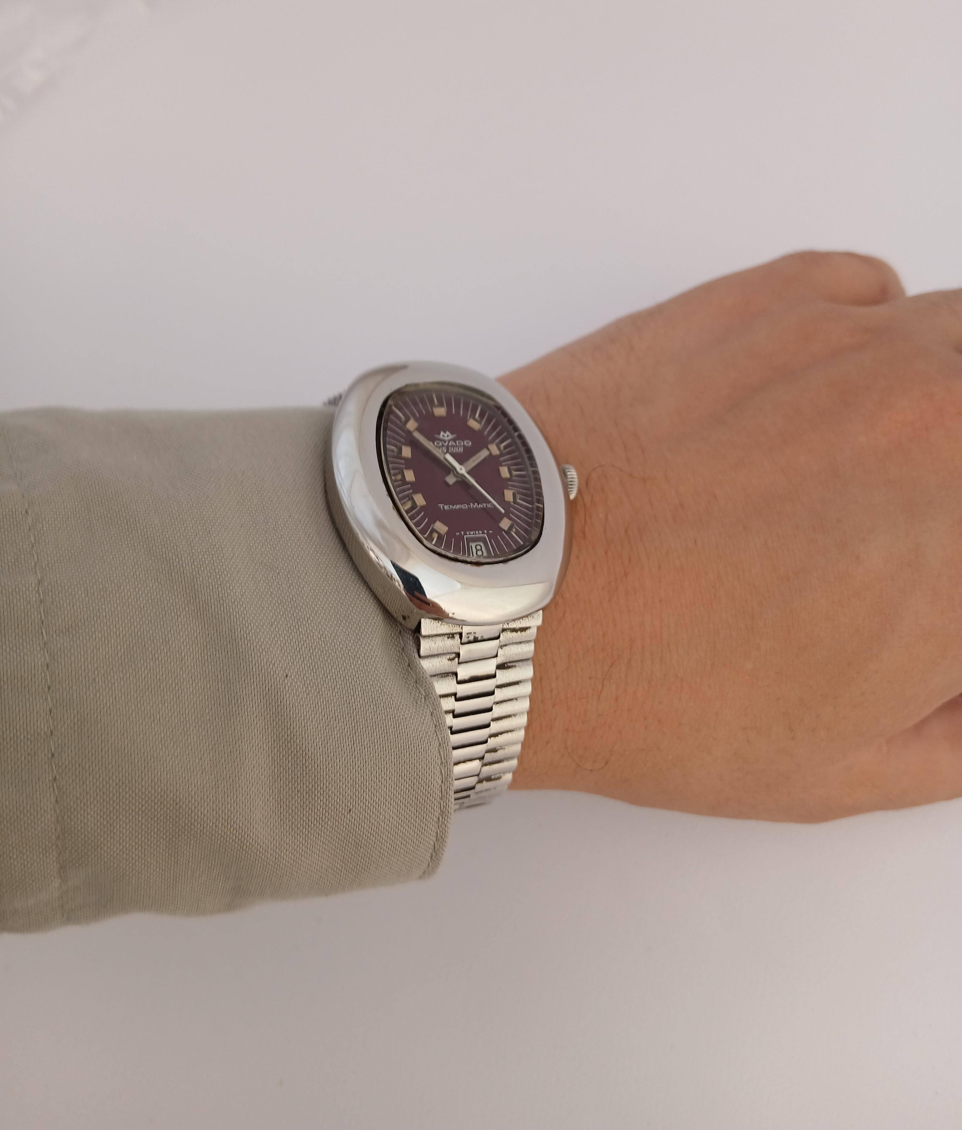 Movado Sub Sea Tempo-matic hs 288 Burgundy Dial Stahl Datum Vintage Herrenuhr im Zustand „Gut“ im Angebot in Toronto, CA