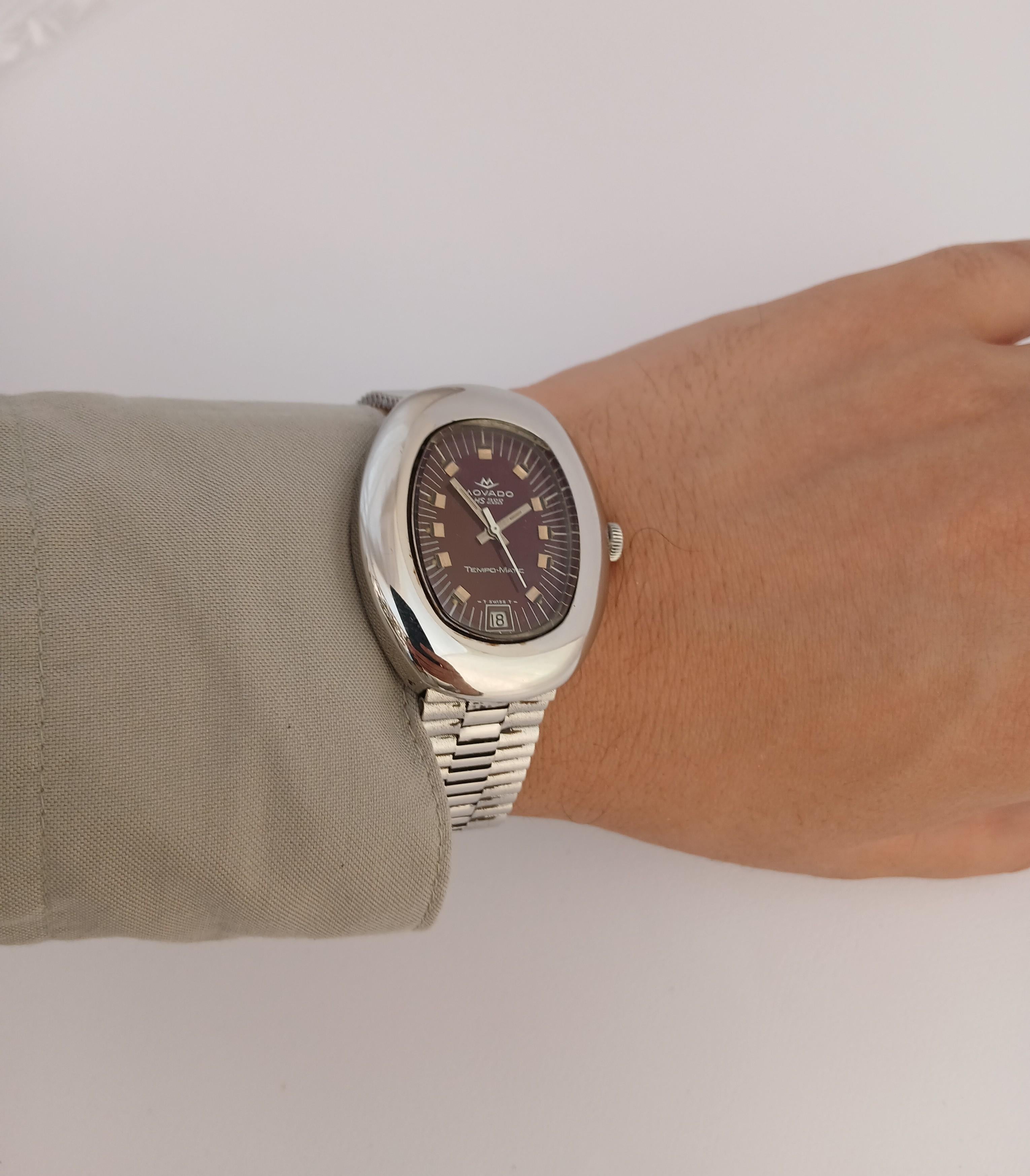 Movado Sub Sea Tempo-matic hs 288 Burgundy Dial Stahl Datum Vintage Herrenuhr für Damen oder Herren im Angebot