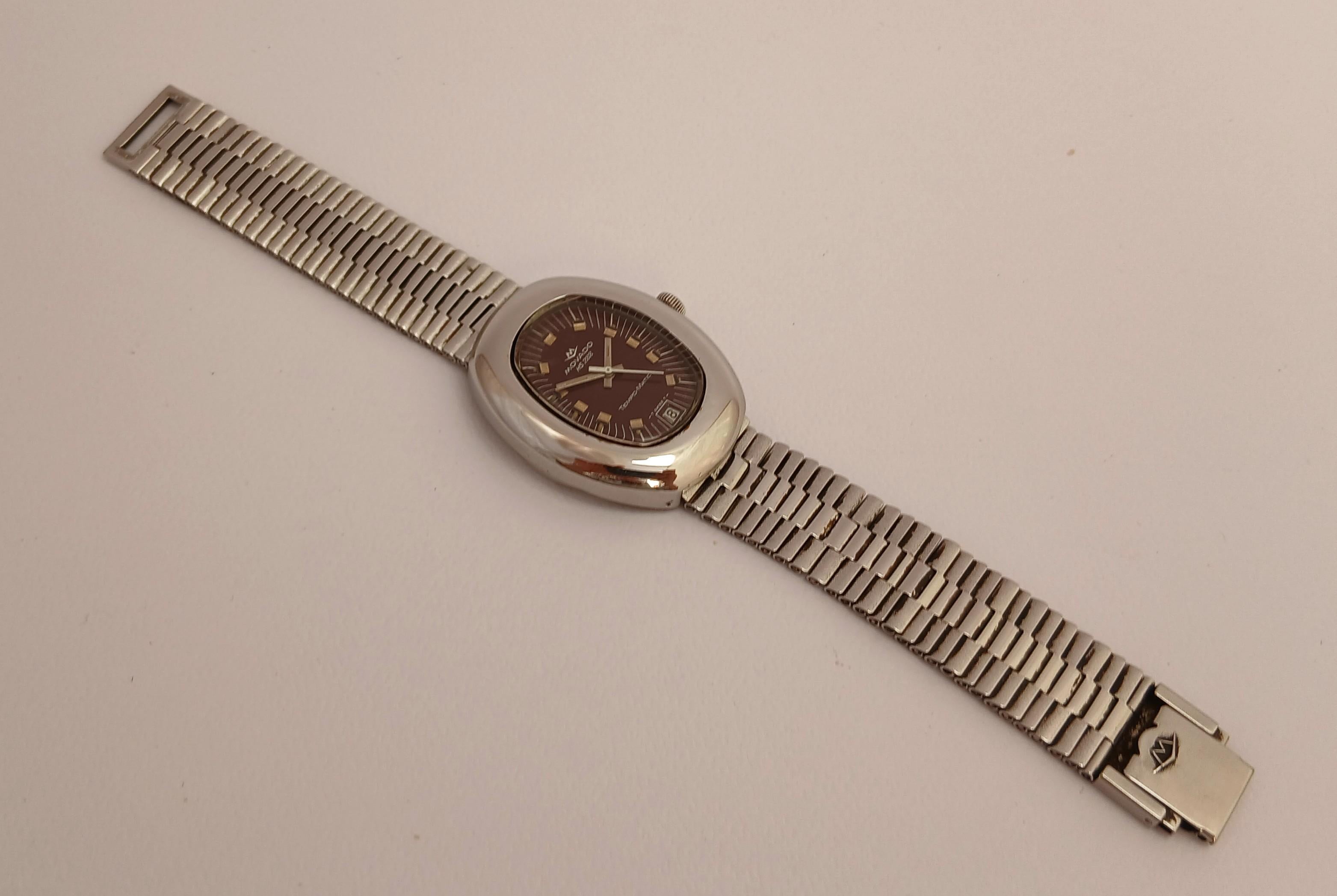 Movado Sub Sea Tempo-matic hs 288 Burgundy Dial Stahl Datum Vintage Herrenuhr im Angebot 4