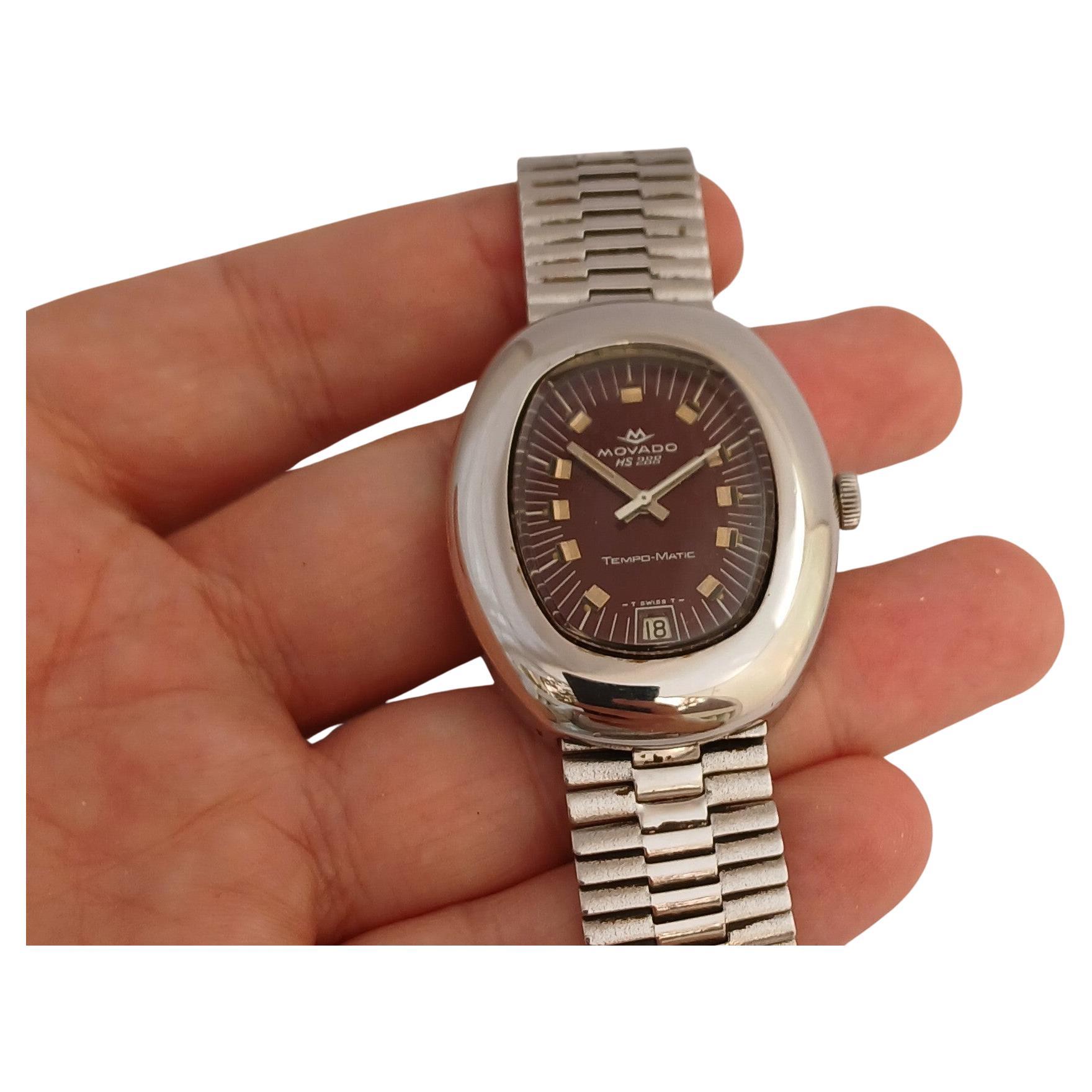 Movado Sub Sea Tempo-matic hs 288 Burgundy Dial Stahl Datum Vintage Herrenuhr im Angebot