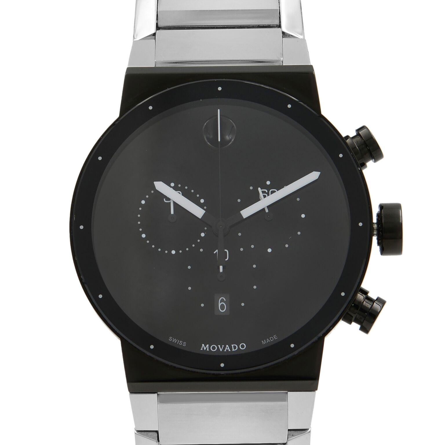 Pre-owned Movado Synergy Museum Men's Watch 0606800. The watch only has minor scratches on the back case. This Beautiful Timepiece Features:  Stainless Steel Case with Stainless Steel Bracelet, Fixed Stainless Steel Bezel, Black Dial with White