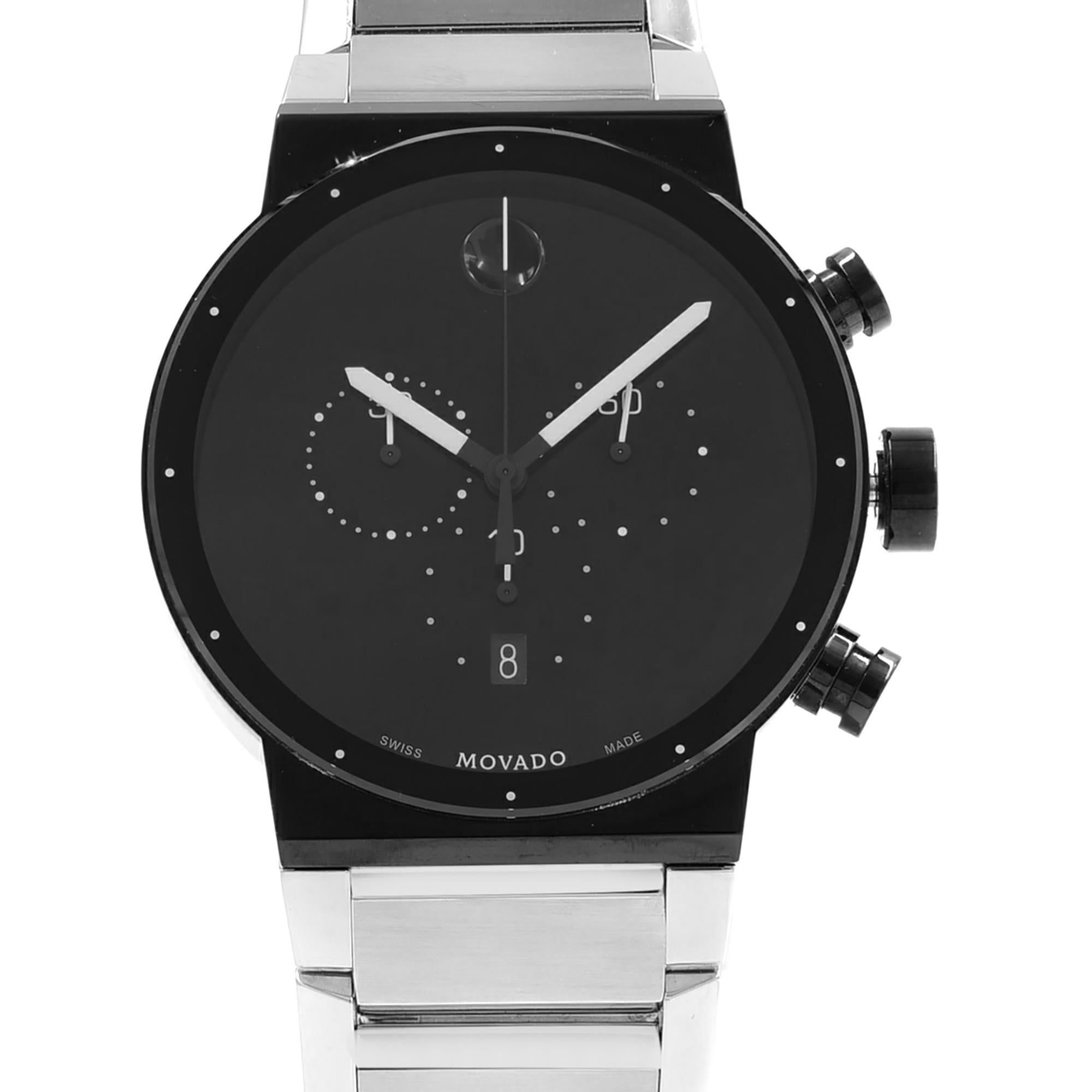 Store Display Model Movado Synergy Museum Chronograph Steel Black Dial Quartz Men's Watch 0606800. The Timepiece Might Have Insignificant Blemishes Due To Store Handling. Original Box and Papers are Included. Covered by 3-year Chronostore