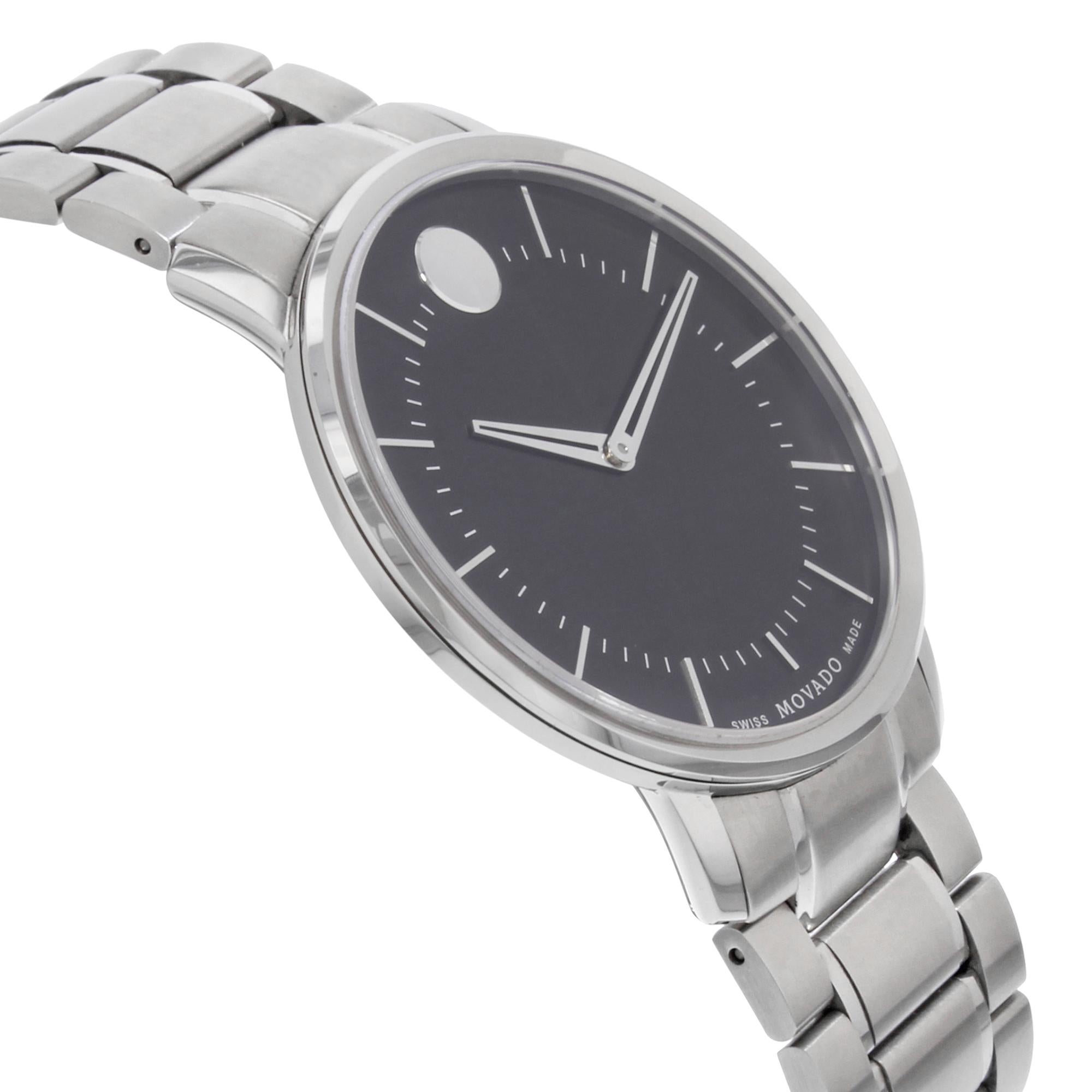 Movado Thin Classic Black Dial Stainless Steel Quartz Men’s Watch 0606687 In New Condition In New York, NY
