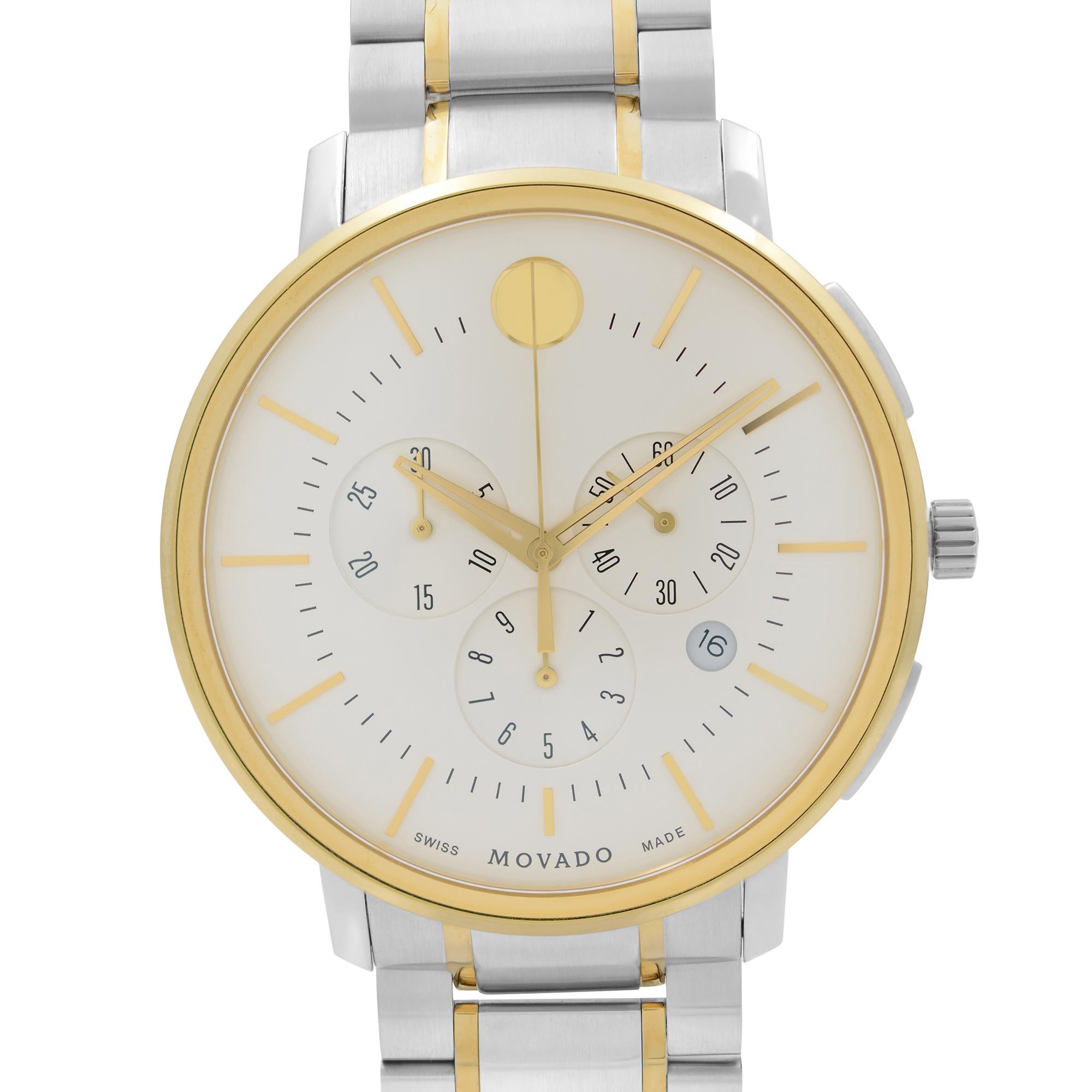 New With Defects Movado Thin Classic 42mm Two-Tone Stainless Steel Silver Dial Quartz Men's Watch 0606887. Timepiece Has Minor Dings and Scratches on the Bezel Due To Store Handling. This Beautiful Timepiece Features: Stainless Steel Case with a
