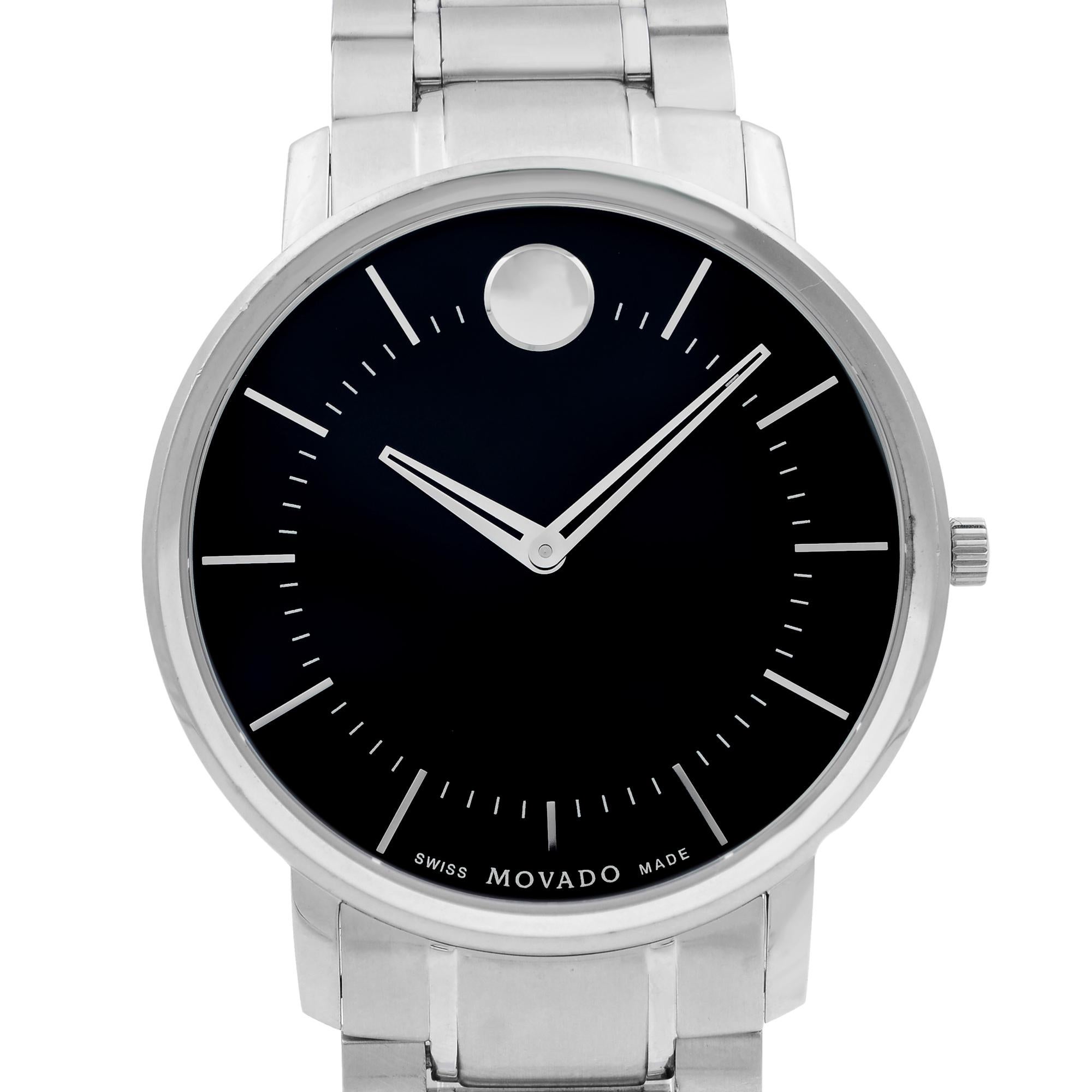 This pre-owned Movado   is a beautiful  timepiece that is powered by quartz (battery) movement which is cased in a stainless steel case. It has a round shape face, no features dial and has hand  style markers. It is completed with a  band that opens