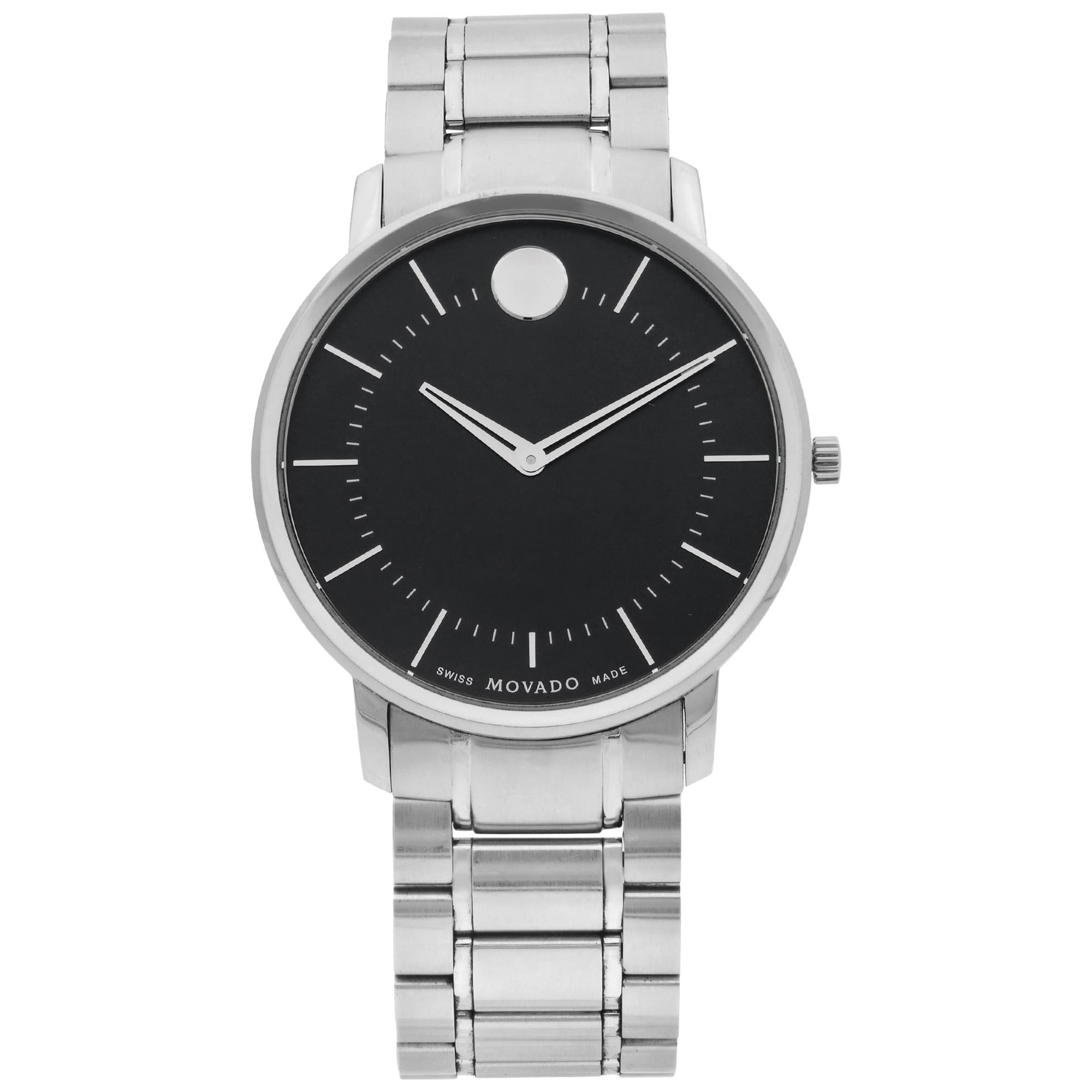 Movado Thin Classic Stainless Steel Black Dial Quartz Men's Watch 0606687