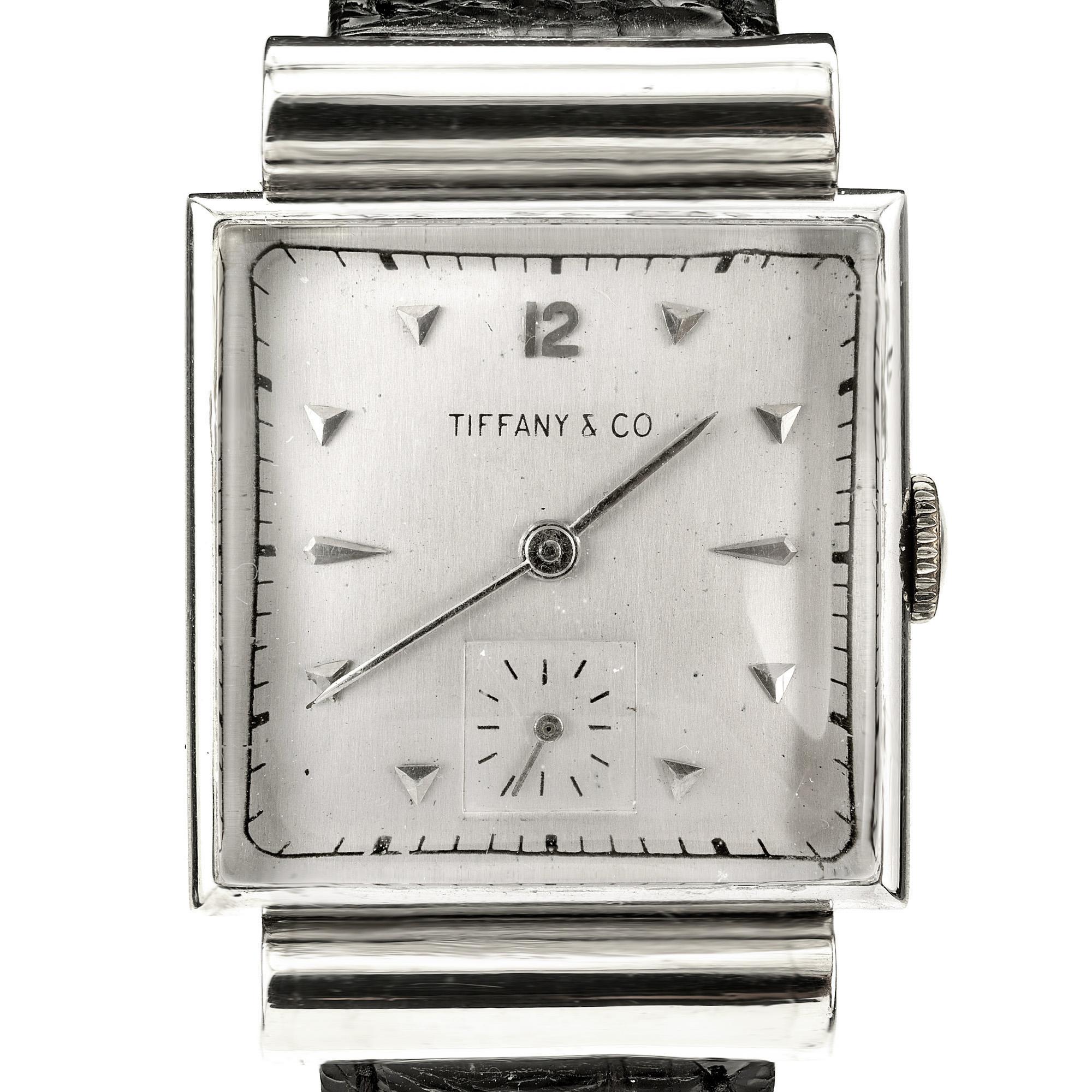 Movado Tiffany & Co Platinum Square Hood's Lugs Wristwatch Bon état - En vente à Stamford, CT