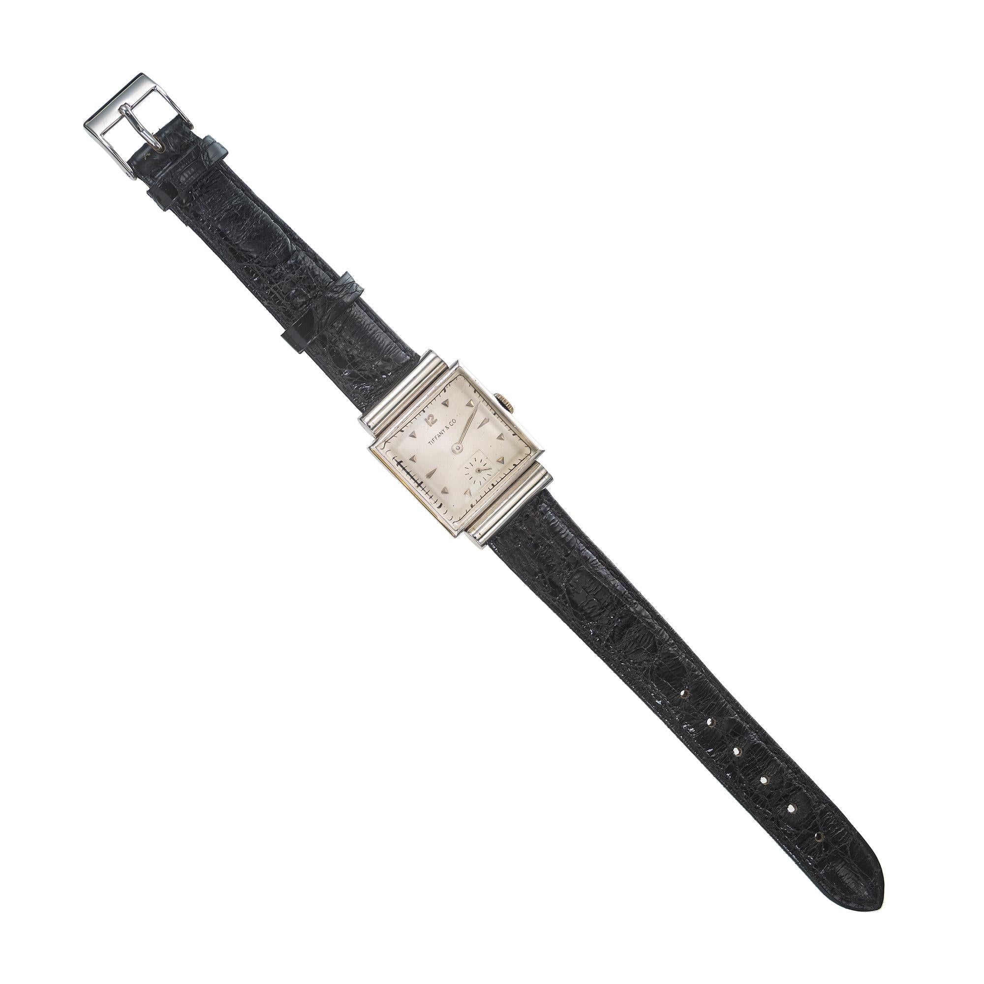 Movado Tiffany & Co Platinum Square Hood's Lugs Wristwatch en vente 1