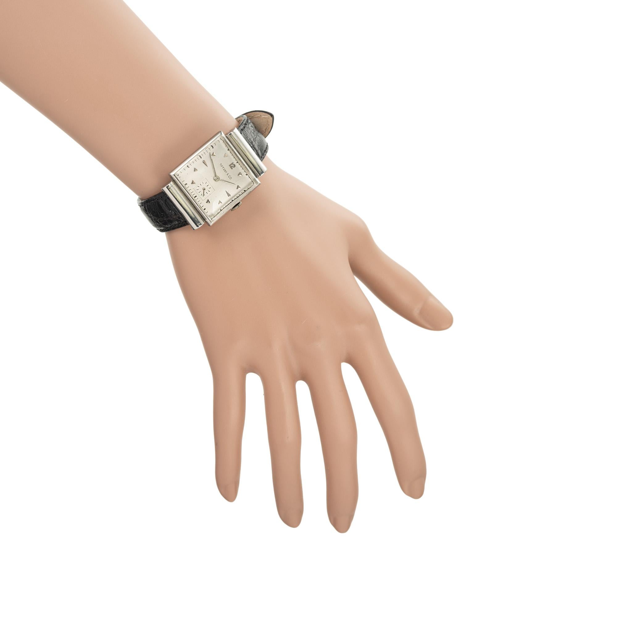 Movado Tiffany & Co Platinum Square Hood's Lugs Wristwatch en vente 4